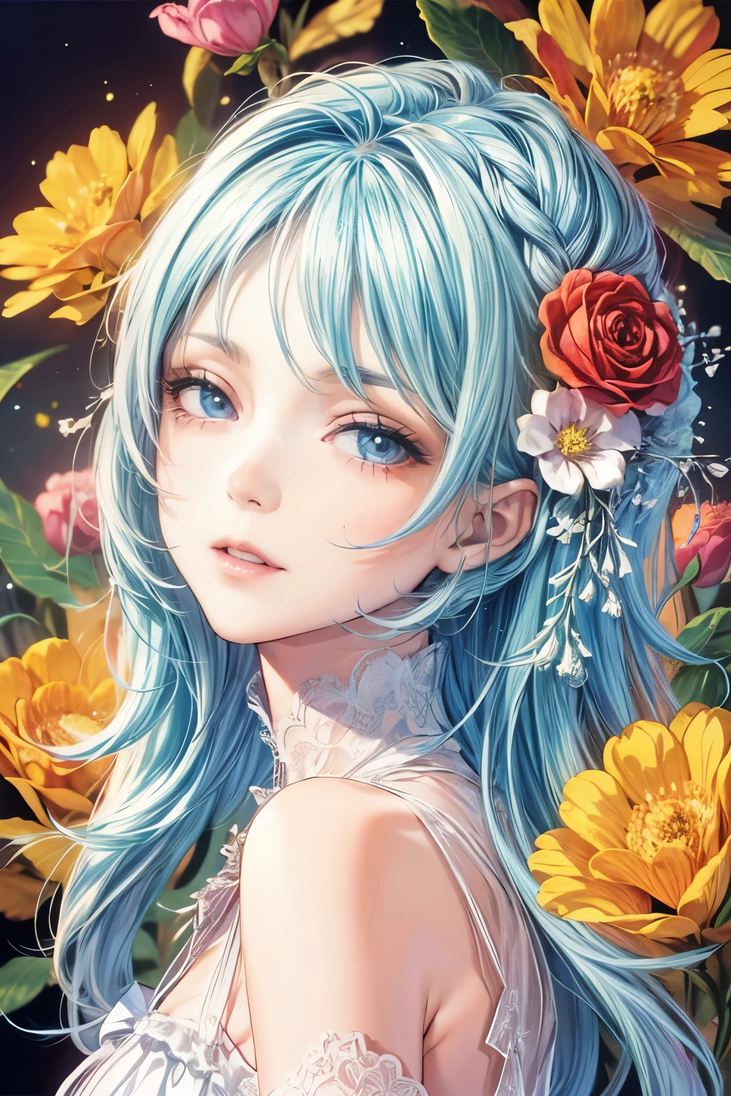 (high quality, 8K, CG, Upper body details,  girl, Floral Dress, forest background, detailed facial features, Elegant colorful hair, Almond-like eyes, Detailed eye makeup, long eyelashes fluttering, blinking big eyes, twinkling stars, Intricate lip details, The style is soft)