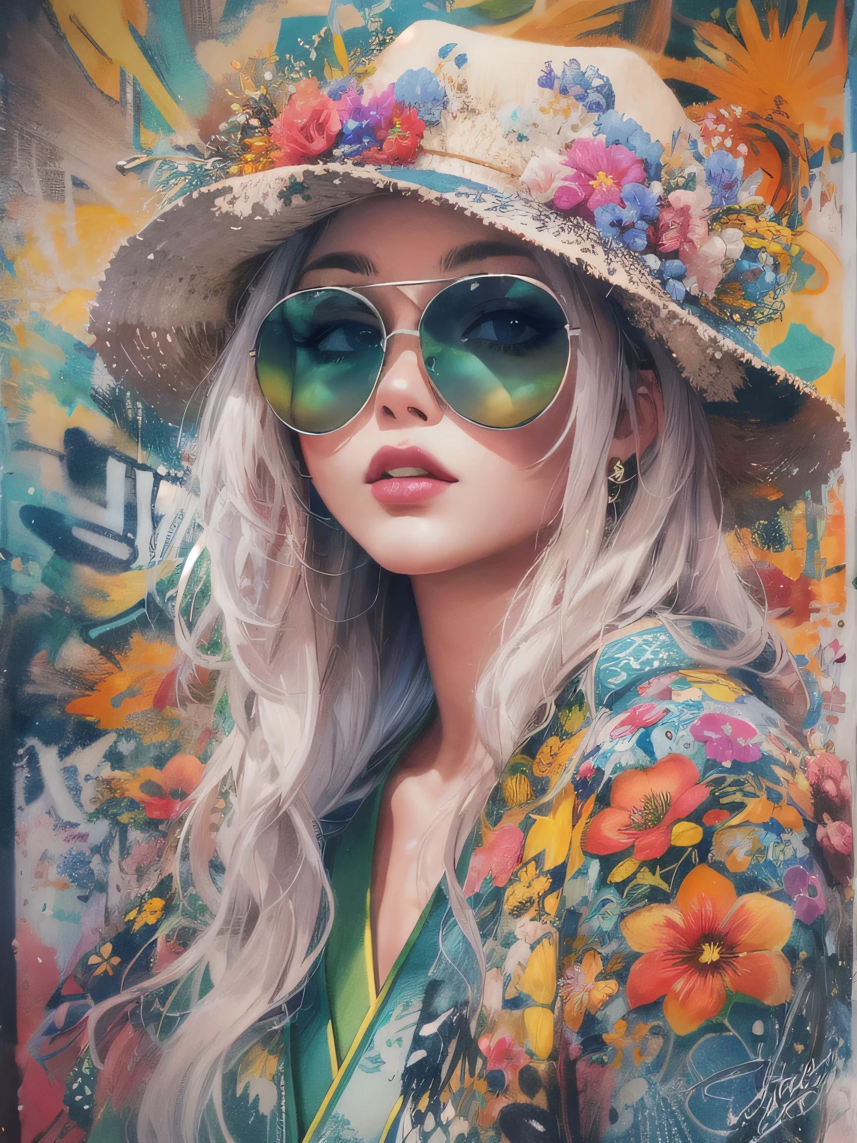 8K quality, Sylvia Pelissero watercolors, intense watercolor, watercolor detailed art, watercolor splash, surreal, avant-garde pop art, Beautiful and expressive paintings, Beautiful artwork illustration, very colorful tones, wonderful, cool beauty, highest quality,official art, vector art,stylish design, (((The strongest beautiful girl of all time))), (((Japanese)))、Idol、clear, Stylish sunglasses, Fashionable hats, (((highest quality))), bob hair, lips in love, HDR, ((Detailed details)), stylish fashion, detailed clothing texture, (((graffiti art))), colorful hair, ((masterpiece))、((Super detailed))、(((colorful flowers)))、