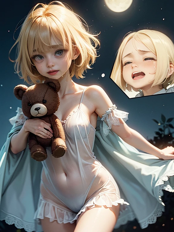 A cute woman is mad, she is sobbing, cartoonishly over exaggerated sobbing, puffy cheeks, puffy eyes, tears shooting out like little streams of water, heavy tears hang from her chin, dressed in a sheer night gown, holding her teddy bear