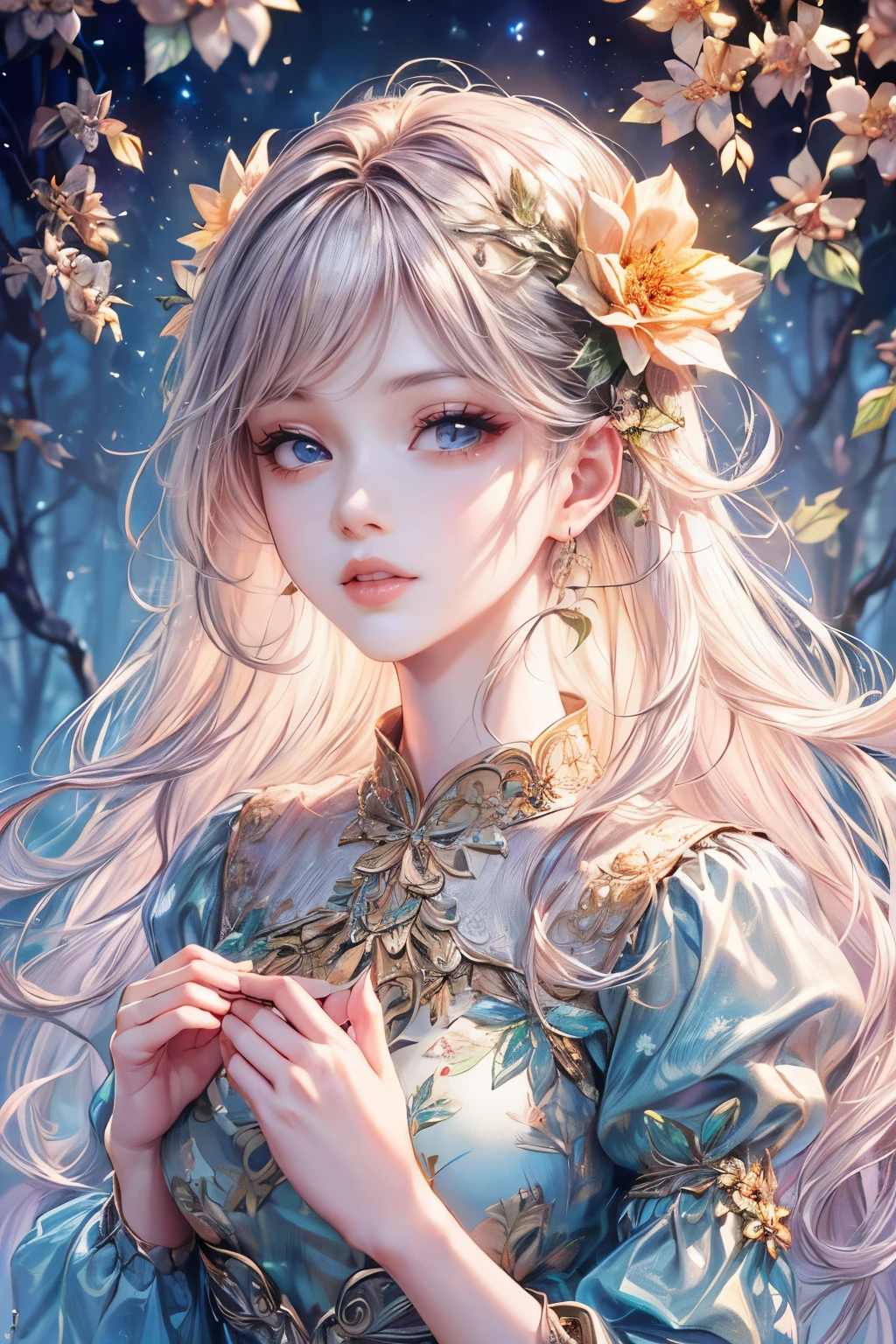 (high quality, 8K, CG, Upper body details, girl, Floral Dress, forest background, detailed facial features, Elegant colorful hair, Almond-like eyes, Detailed eye makeup, long eyelashes fluttering, blinking big eyes, twinkling stars, Intricate lip details, The style is soft)