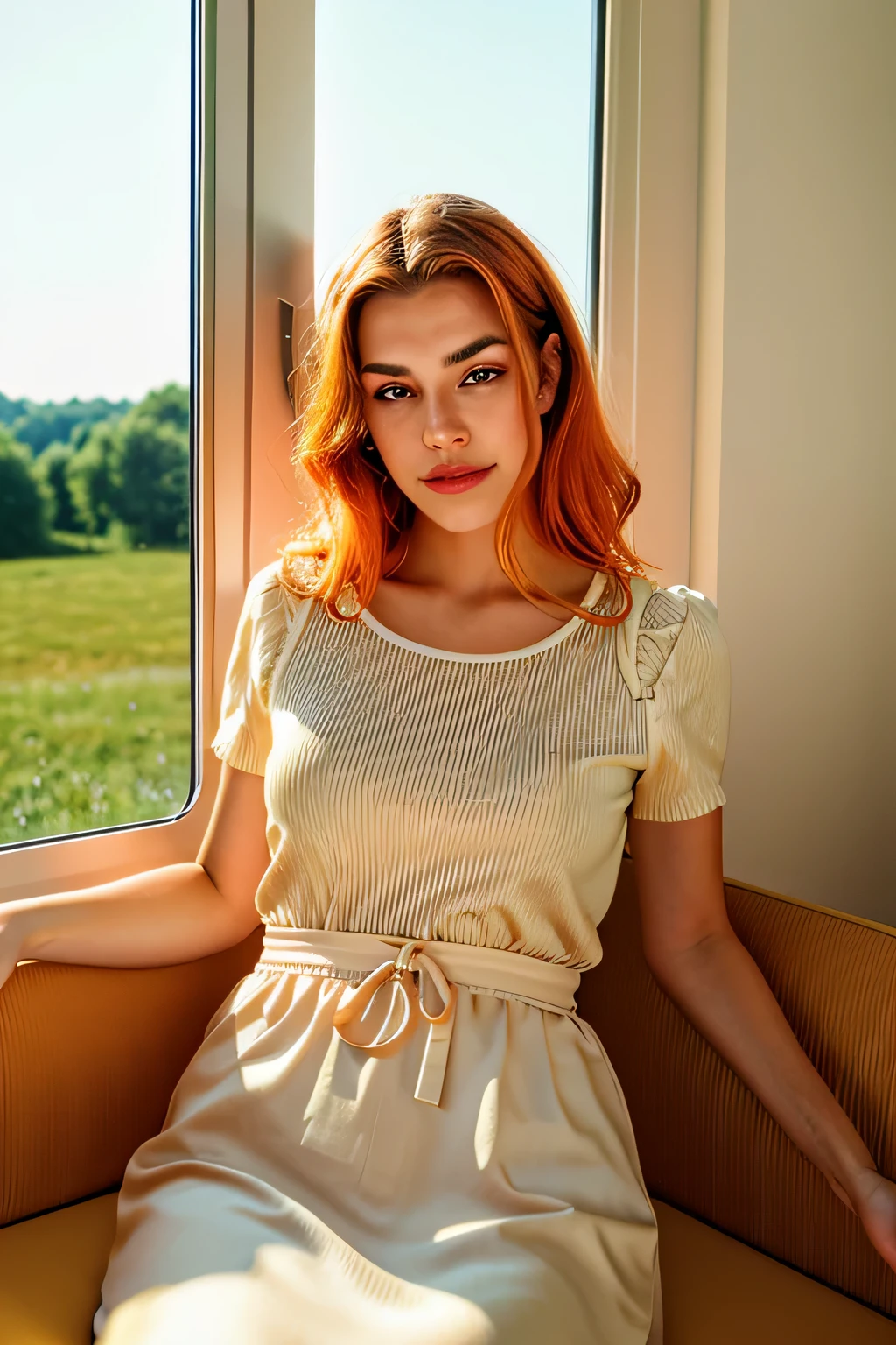 (best quality, Ultradetailliert, Goldener Schnitt, Meisterwerk:1.2), Theaterbeleuchtung:0.7, Foto einer Frau, gekleidet in einem modernen Kleid, Perfektes, seltenes Gesicht, (sehr detaillierte Haut), Random red hair, Spott, Hauttextur, Blasse Haut, shiny skin, (thin, big size:1.2), [:(Scharfer Fokus auf seltenes Gesicht, perfekte Augen:1.2):0.2], Fotorealistisch, Filmkorn, Place one foot forward、von unten nach oben schauend、Schau in die Kamera、Betonen Sie die Schultern, Konzentrieren Sie sich auf das Gesicht、Socks、Smile with the corners of your mouth raised、contemptuous expression, Sommerdunst, muted colors, muted warm colors, Photo filmisch portrait of a woman dressed in a striped dress sitting by the window in the early morning, filmisch, (gekippt:1.3) (in einem alten Zug) Schauen Sie vorsichtig, unter einem Scheinwerfer stehen, volumetrische Staubwolken, Key light, Hintergrundbeleuchtung, Soft natural light, Photography Film Grain ISO 400 30mm Lens RAW f1.8 Blende, sehr detailliert (analoge Fotografie:1), Farben HDR