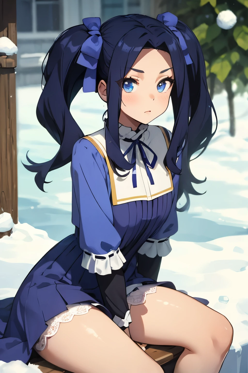 Melting,  masterpiece,detailed skin,detailed eyes,detailed face,shiny skin,anime style girl, 1 girl, blue eyes, eyes visible through hair, hair intake, bangs, purple hair, bangs, amount, very long hair, twin tails, parted bangs, hair ribbon, hair ribbon, dress, long sleeve, blue dress, neck ribbon, snow angel, ice, snowflake,  highest quality, High resolution.sitting,white lace panties,lift skirt,