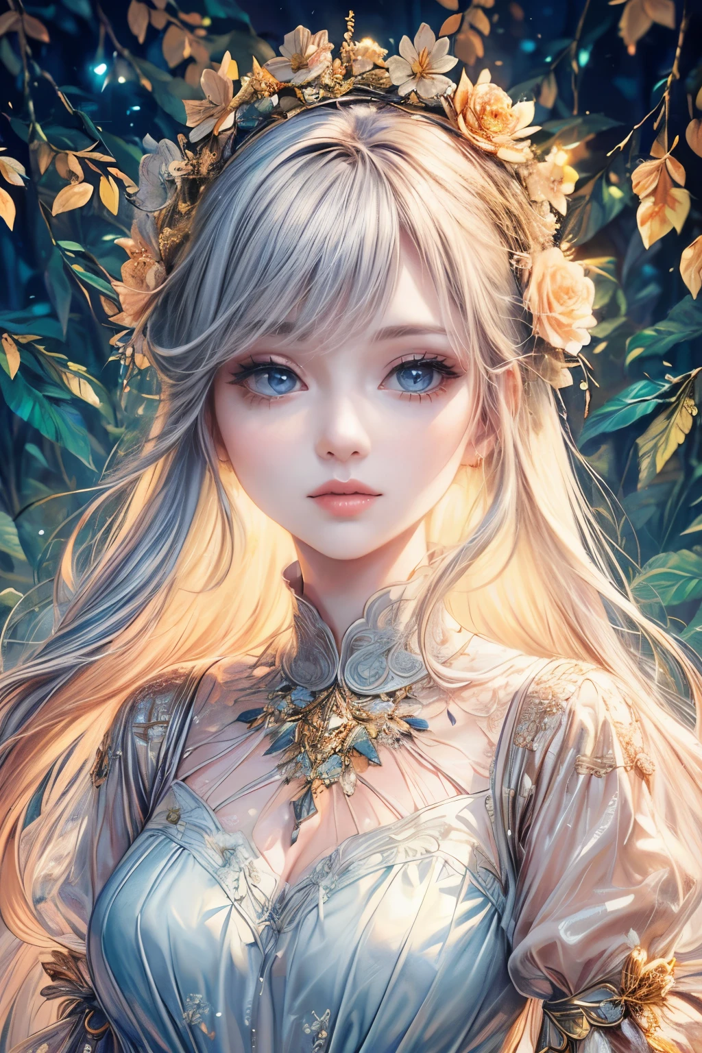 (high quality, 8K, CG, Upper body details, girl, Floral Dress, forest background, detailed facial features, Elegant colorful hair, Almond-like eyes, Detailed eye makeup, long eyelashes fluttering, blinking big eyes, twinkling stars, Intricate lip details, The style is soft)