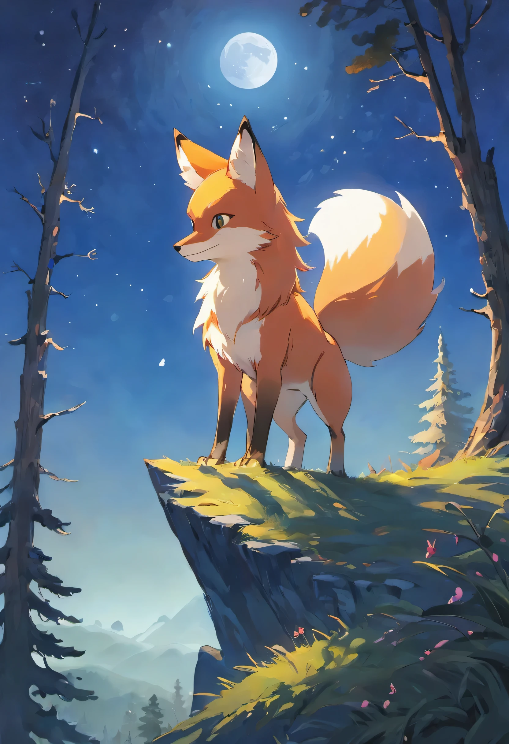 A red-haired fox stands on the edge of a cliff, Overlooking the scenery under the moonlight,A pack of wild coyotes howls in the distance. The fox's eyes are sharp and determined, Capturing the essence of untamed wilderness. The medium of this painting is a mixture of acrylic and oil paint, Demonstrating the fusion of precision and depth. The landscape features towering mountains shrouded in mist, Tall pine trees sway in the night wind. The moon casts an ethereal light, illuminates the scene with a sense of mystery and wonder. The artist pays attention to ultra-detailed elements, Like the intricate textures of the girl’s hair and the brush strokes that bring the coyote to life. The lighting is dramatic, Soft moonlight pours on the landscape, Create a sense of depth and drama. Overall image quality reaches the highest standards, Every detail has been meticulously rendered, resulting in a mesmerizing masterpiece.