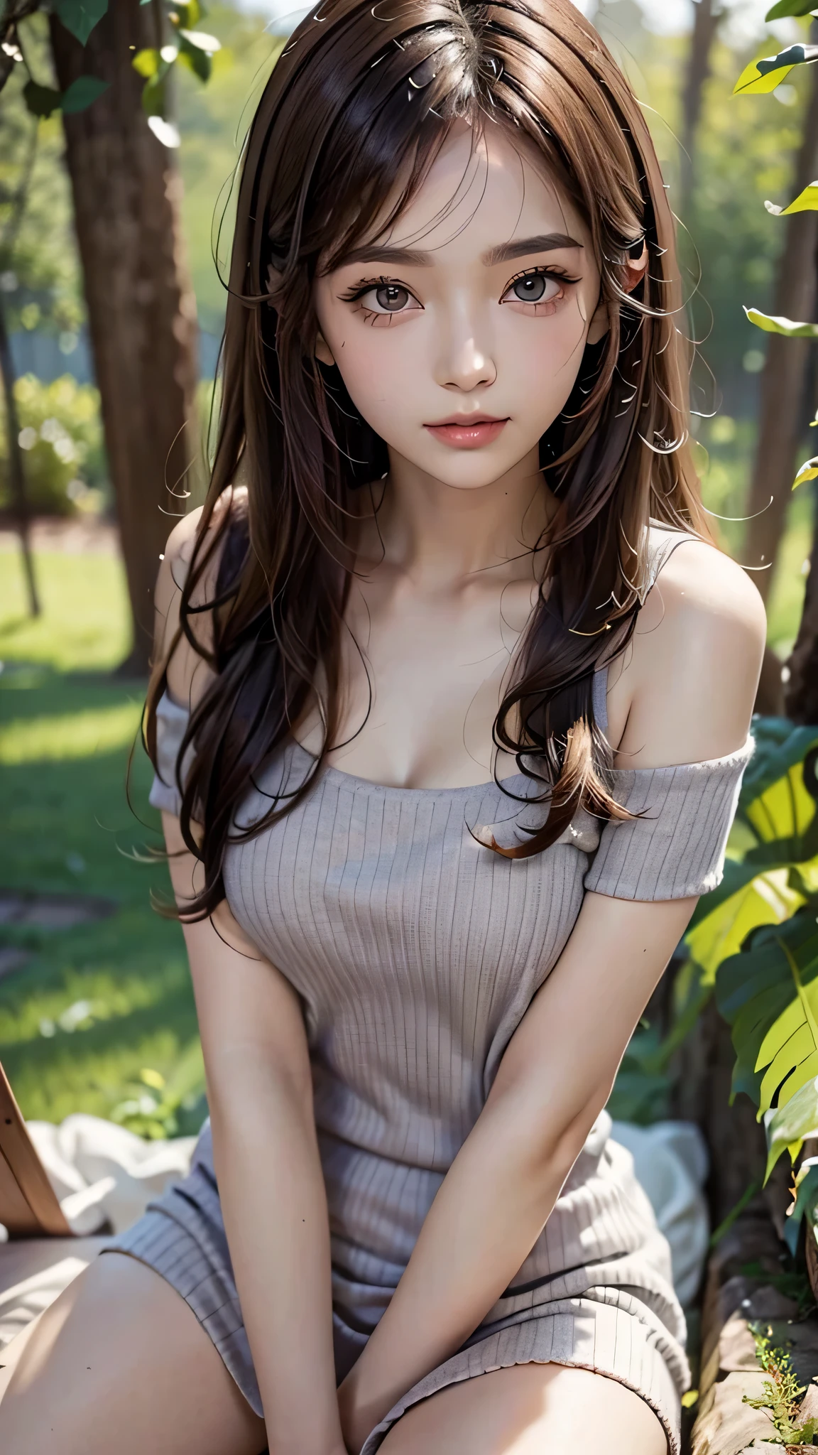 highest quality、Super detailed、finely、High resolution、8k wallpaper、perfect dynamic composition、highest quality、Super detailed、young and thin、genuineな外観、fine eyes and lips、10 generations、whole body、plump breasts、open your mouth a little、genuine、spread your legs、brown hair、1 person、sexy、hair blowing in the wind、long hair、Tank top、natural soft light、Wearing a gray dress、Pale pink rib knit bodycon sweater、off shoulder、