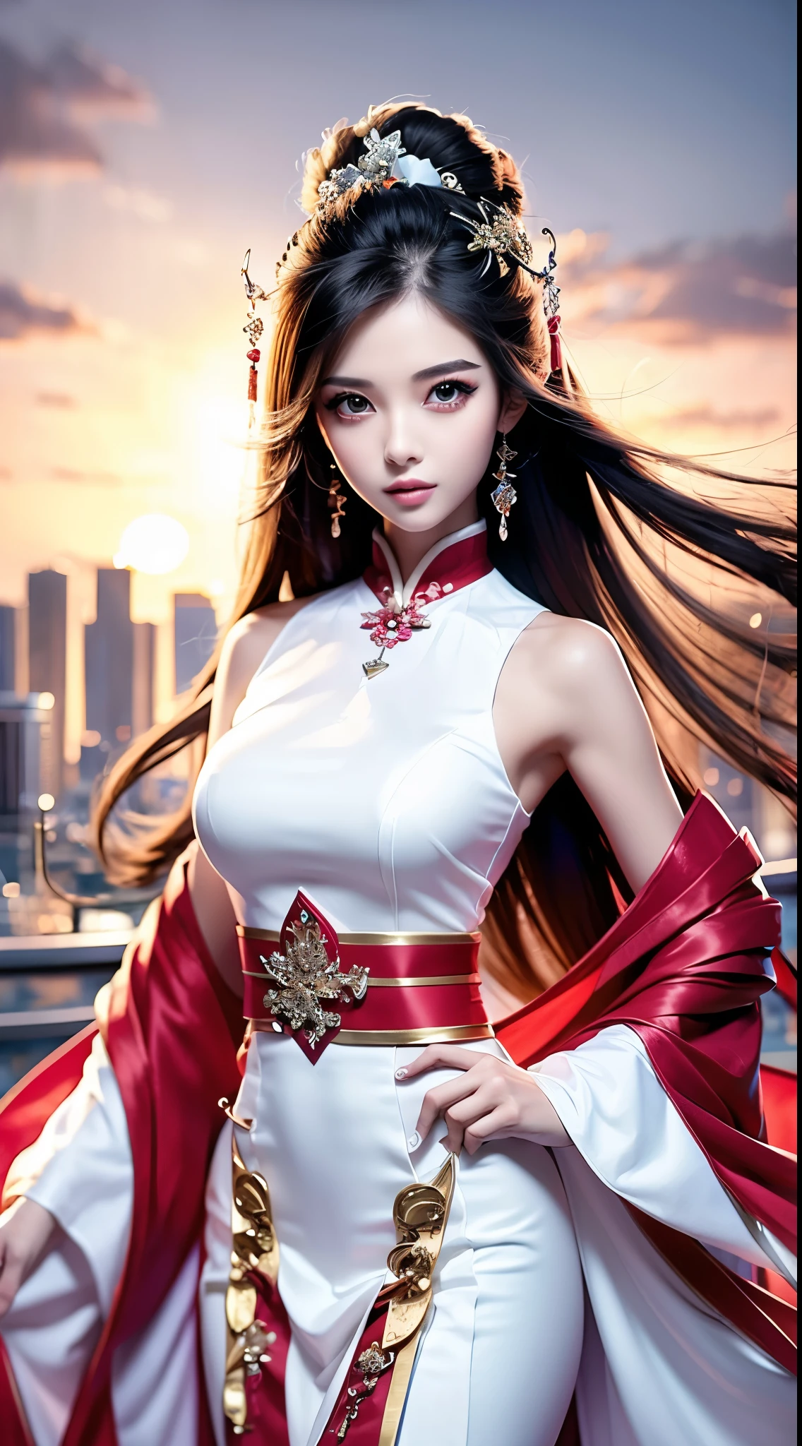 best quality, master, high resolution,1 girl, Chinese dress, super Beautiful face, super beautiful eye, Super beautiful hair Super beautiful face,Super beautiful eyes,Super beautiful hair,long flowing hair,long white hair,Shawl hair,simple hair accessories,Full body female love,Plain white dress,long yarn,nice photos,gentle
