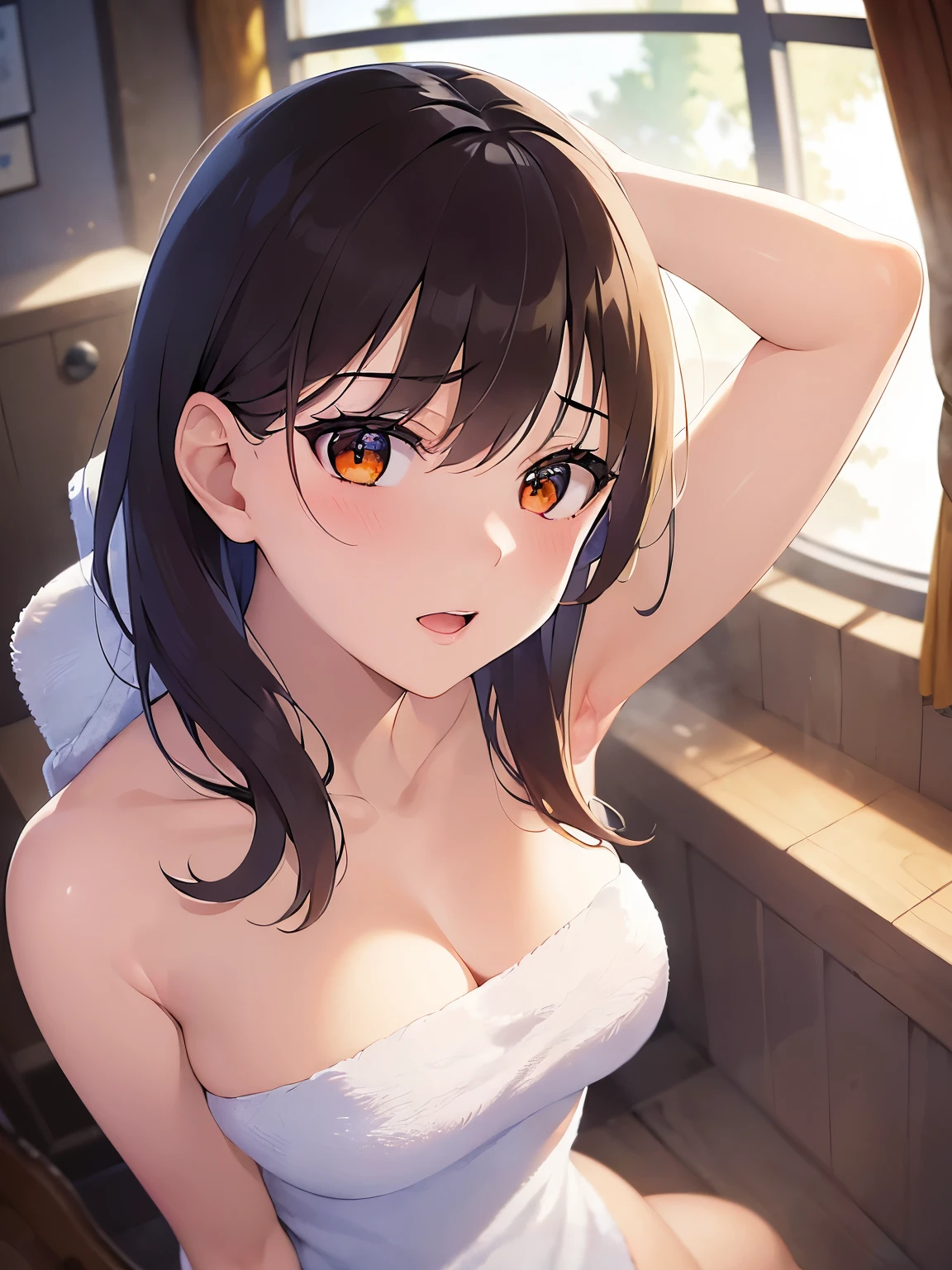 (naked towel:1.4),(white towel:1.2),(fluffy towel:1.7)、nsfw,1girl,looking up, (fisheye distorted lens:1.2), naked towel, in bath dressing room,steam fog,sweat,wet,armpits, from above, Realistic, real person, (pale skin: 1.2), RAW photo, photorealistic, portrait photography, shiny skin, japanese idol、shiny hair、(25 year old woman with medium hair with bangs) and (wavy hair) and (brown hair) and (orange eyes) , 