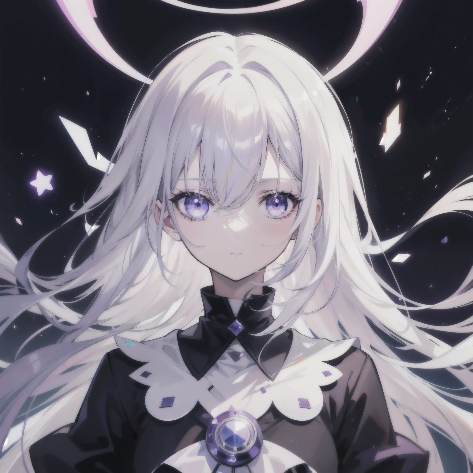 Anime girl with white hair and purple eyes and stars on her head, Portrait of Ross Draw, Ross Drose 1. 5, Ross Drose 2. 5, :: Ross Drose, wlop Ross Drose, アートステーションピクシブart germハハハハ, Ross Drose digital painting, Ross Drose 2. 0, Ross Drose cartoon vibrant, art germ. anime illustration, pixiv masterpiece::1.8 ,detailed,particles of light,glitch effect, Geometric pattern,symbol particles,pixiv masterpiece isolated on black background::1.2 ,game CG, anime masterpiece,2D,watercolor painting,high contrast,highest quality,extra fine skin,Lens flare on the skin,shiny hair,shining eyes,shiny clothes,particles of light,
