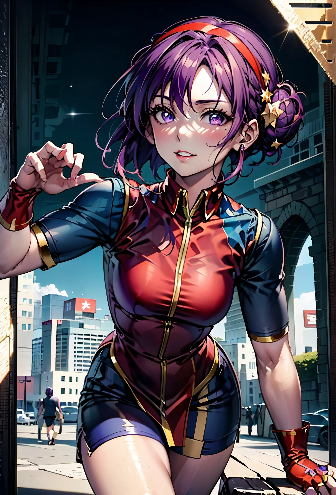 Athena Asamiya, they don&#39;t stop, short hair, hair ornaments, (purple eyes:1.1), purple hair, hair band, star \(symbol\), star hair ornaments, star (symbol), smile,blush,hair ornaments,Double bun hair at the bottom,red cheongsam, red handbag, t high s, blue shorts, lips, arm support, blush, blue sky, , brown footwear, shiny, parted lips, raise your hand, No sleeve,
break outdoors,In town,
break cowboy shot, looking at the viewer,
break (masterpiece:1.2), highest quality, High resolution, unity 8k wallpaper, (figure:0.8), (detailed and beautiful eyes:1.6), highly detailed face, perfect lighting, Very detailed CG, (perfect hands, perfect anatomy),