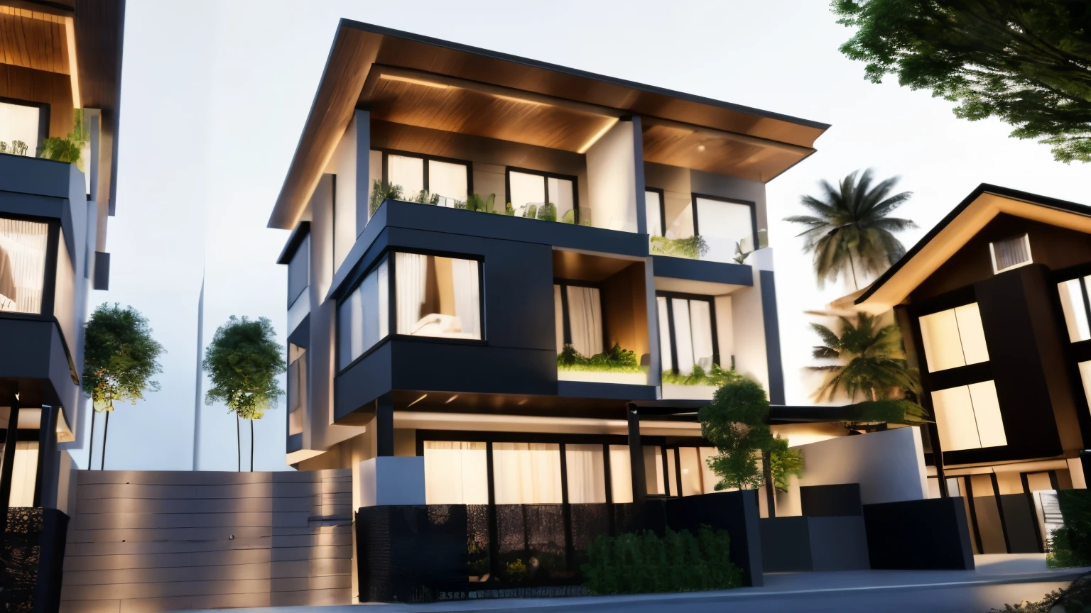 a view of a modern home with a large front yard, day light, white light:1.3, main material by glossy white wall and black stone and wood,  1 road runs in front of the house,  (RAW photo, real, best quality, masterpiece:1.2), look morden minimalist, 1 road in front of the house, shime ring light, light brighteness from indoor:1.2, dynamic lighting:1.3, (hyper realistic, photo-realistic:1.2), high quality, day lighht, hight contrast :0.5 perfect lighting, archdaily,  award winning contemporary, contemporary masterpiece, well-designed masterpiece, large modern residence, neotraditional modern, wide angle exterior 2022, midcentury modern, contemporary house, hip modern vibe, a long-shot from front, award winning modern design, stunning lines, residential, subtle detailing