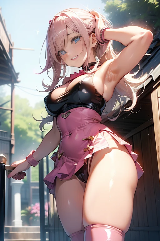((a 25yo girl), Sayla Mass, elegant), bending waist,whole body、see the beholder, young woman,bright smile、shy、blush、expression of ecstasy、erotic、charming、Charm、bob short、bangs、shiny blonde hair、blue eyes、long, well-shaped eyelashes、perfect eyes、Slender eyes、glossy pale pink lips、(Plump slender body of a young woman、plump body:1.3、shiny skin、Beautiful big breasts:1.1、thin waist、Beautiful butt、Thick thighs、beautiful long legs)、perfect arms、perfect hands、perfect fingers、perfect body shape、perfect anatomy、(Army pink uniform dress with short super uper miniskirt You can see the pants in the miniskirt), cameltoe, lilac lace shorts、Bright red long boots), steam、steam、sexy genital pose gesture、cheeky pose、(putting fingertips on lips),(with sparkling eyes and a contagious smile),nsfw, From Above、cowboy shot, no gravity, figure, Bright colors, Practical Light, (background is blurred:0.8)、highest quality, disorganized, good quality、Realistic, ultra high resolution, masterpiece、HDR、UHD、8k