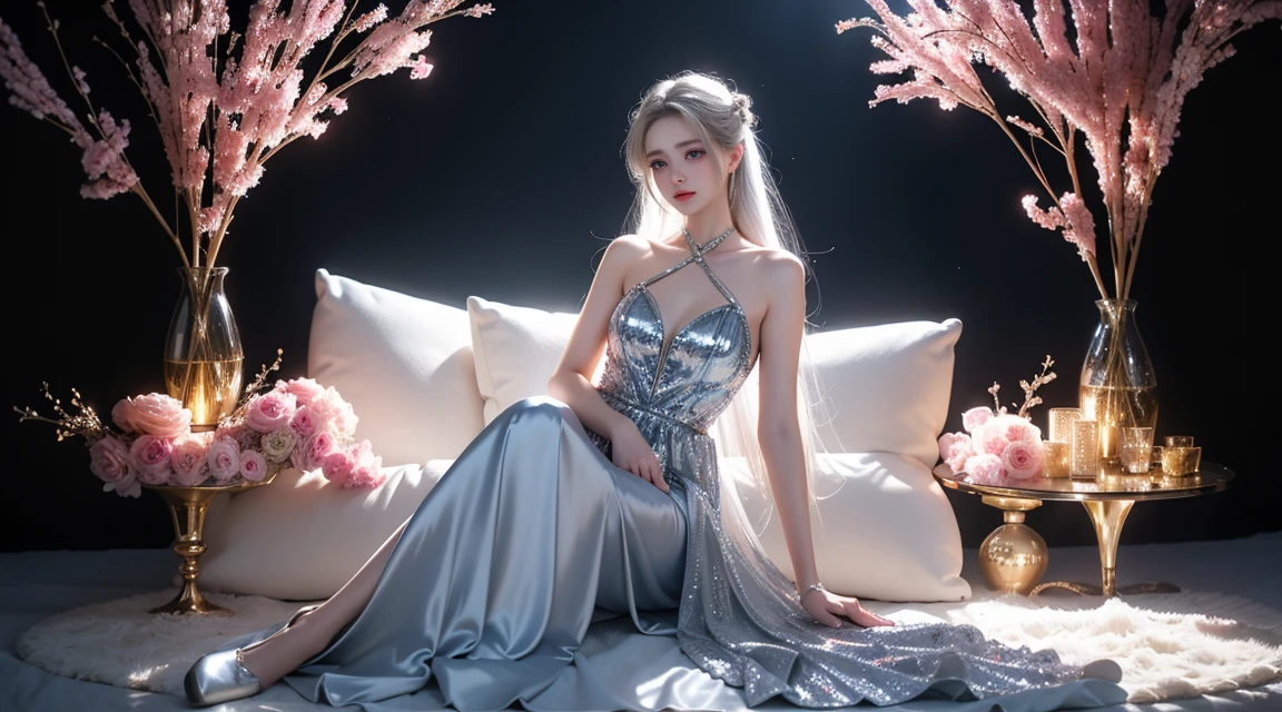 high quality work，realistic works，Super premium graphics，8K high-definition CG works，High quality graphics，High-definition and exquisite CG works，10x pixels，Ultra-fine details：1.1，Advanced technical details：1.1Realistic photo effects，室内灯Light effect果：1.5，Natural light：1.5. Light effect（虚拟Light effect：1.8），ultra high resolution，shiny blue dress，Long silver hair，silver hair，transparent hair，High detail hair（Premium hair details：1.1）clear eyes，Double eyelids look good，sharp eye makeup, Create exquisite eyelash makeup, thin eyebrows, Super detailed eyes，high nose, cute red lips, rosy cheeks, With delicate makeup on her face , pretty face, Perfect face proportions,（Advanced facial details：1.1）Collection of shining blue luxury dresses，blue sequin dress，sequined jacket，shining，tight long skirt，Summer sexy hip-hugging fishtail sleeveless commuter long skirt，Horse socks 100%Oily Panst Glossy Silk Gloss 8D Black Silk Women，stilettos，beautiful long dress，beautiful clothes，Big red series，High fashion dress series，dress photography，Authentic dress work，In the banquet hall，female artwork，full body view，dressing goddess，Realism，Astonishing，My eyes are very bright today
