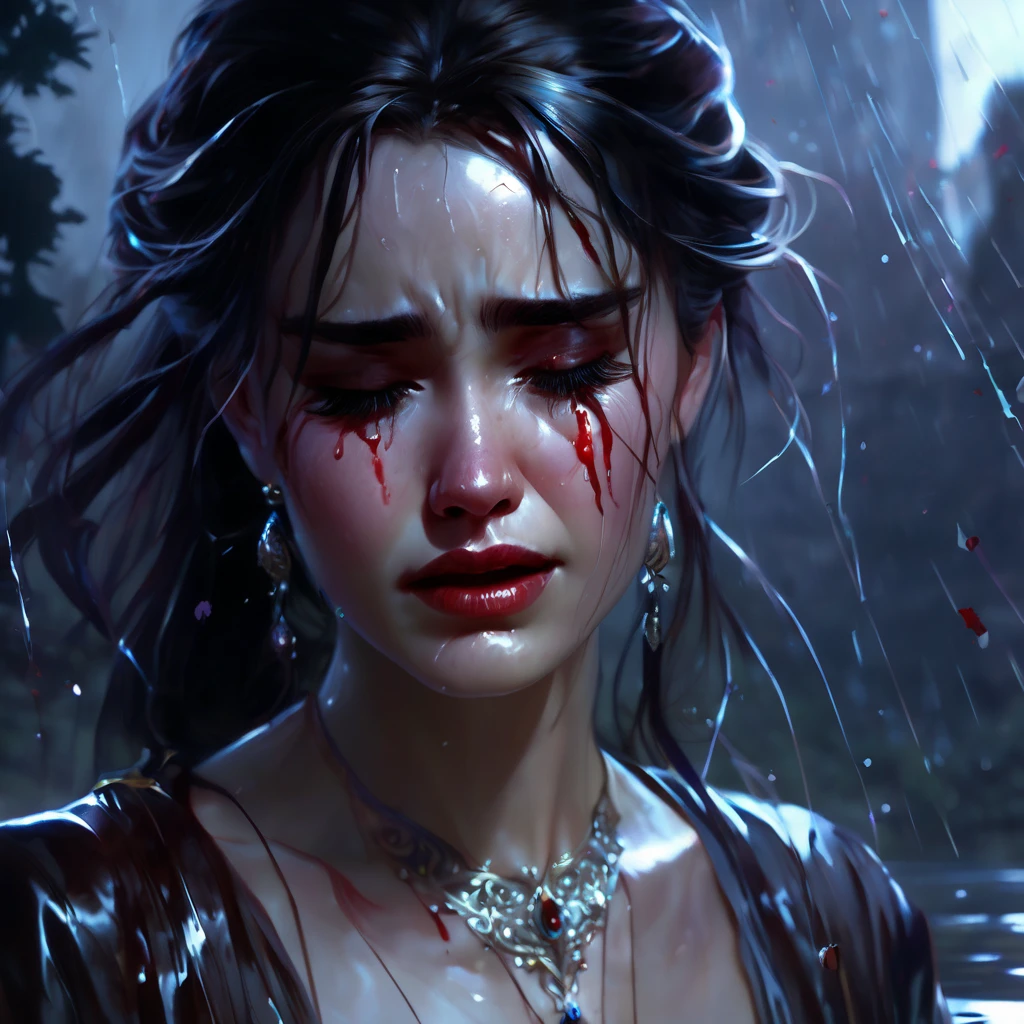 crying, aesthetic, extremely detailed, Crying eyes tears of blood as it pours its essence into the river soul, girl, by WLOP, by Artgerm, by Michael Garmash, by Rob Rey, digital art, trending on artstation, beautiful lightning, atmospheric