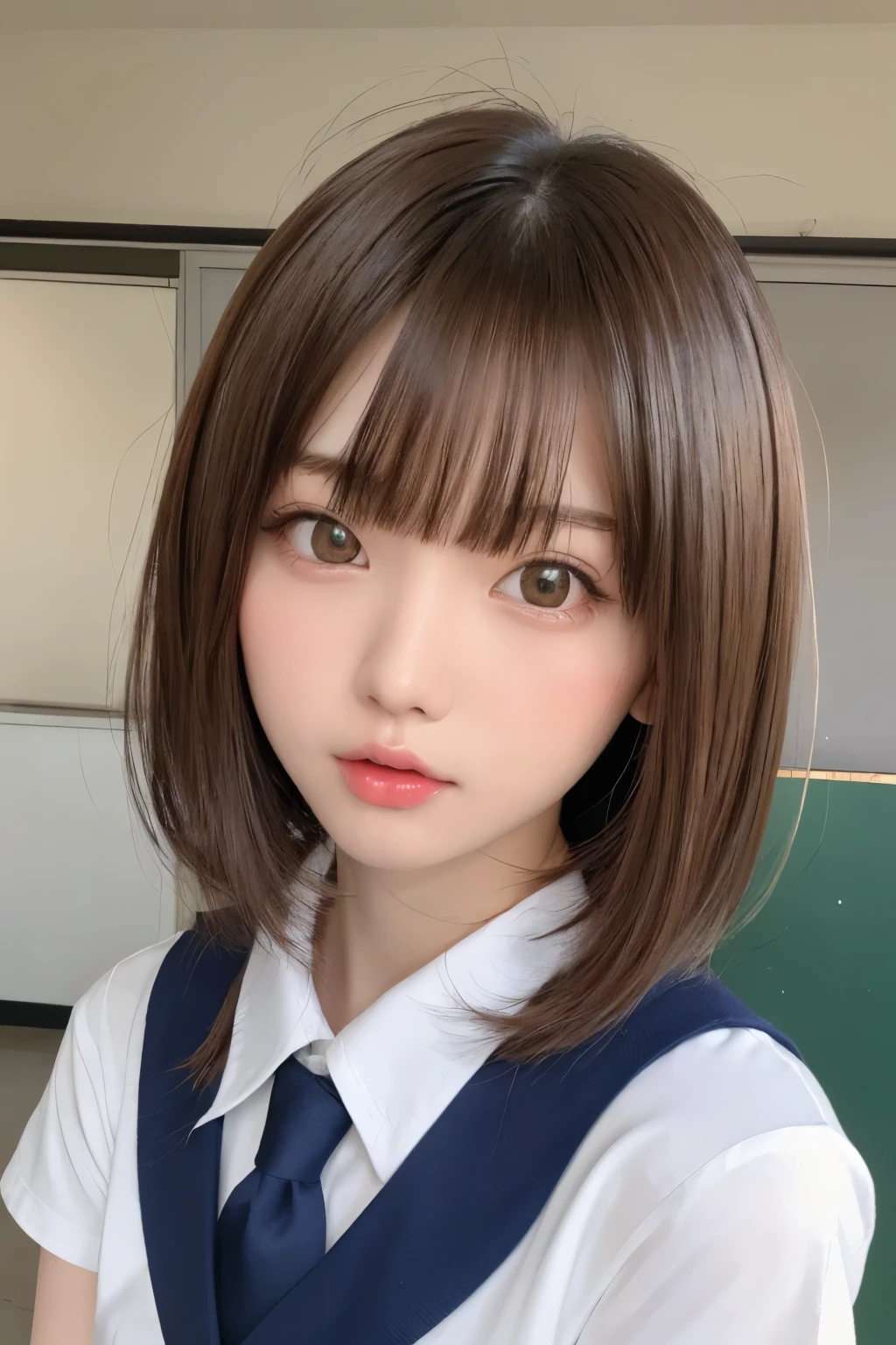 masterpiece, highest quality, one girl, (bishojo, Cosplayers:1.3), (16 years old:1.2), extremely fine-grained clarity, (symmetrical eyes:1.3), (school uniform, short sleeve, white shirt:1.2), light makeup, eyelash, brown eyes, parted bangs, brown hair, open your mouth, upper teeth, (Eye and face details:1.0)