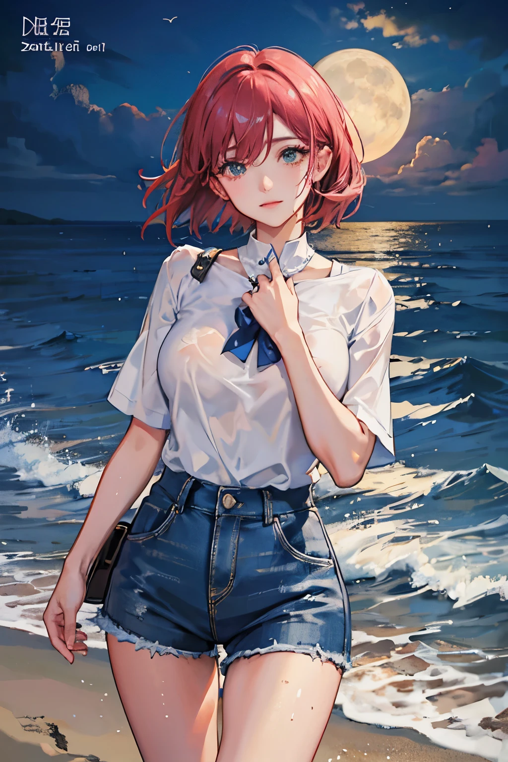 cover your chest with your hands modest chest bob short Ocean moon night thighs cinematic style wet clothes big shirt