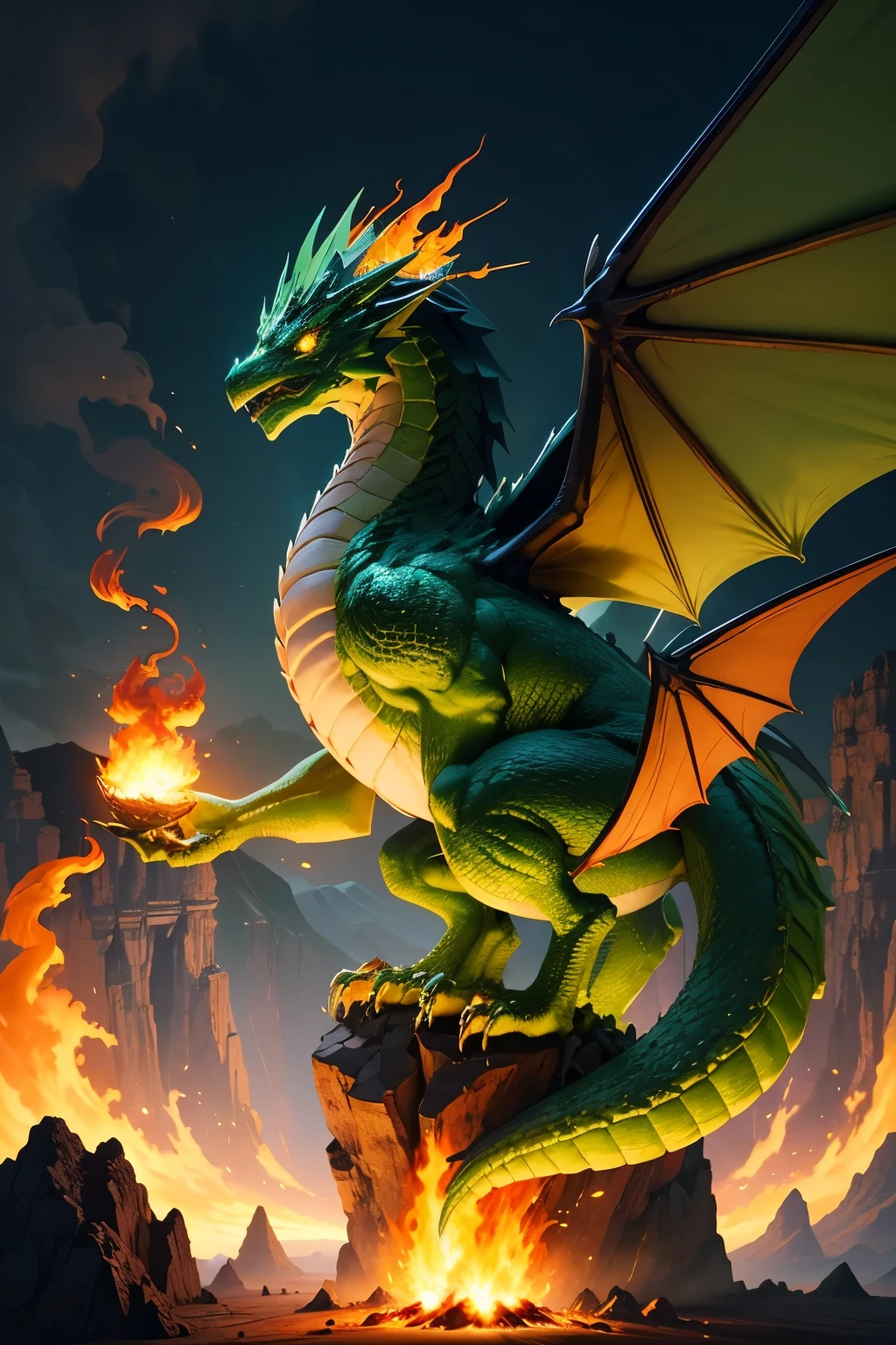 Green dragon with flaming wings exhales fire on top of a cliff. The Flaming Dragon breathes fire, volcanes, respirando fuego. energy elements, aura, Onda, particles, and harmony.