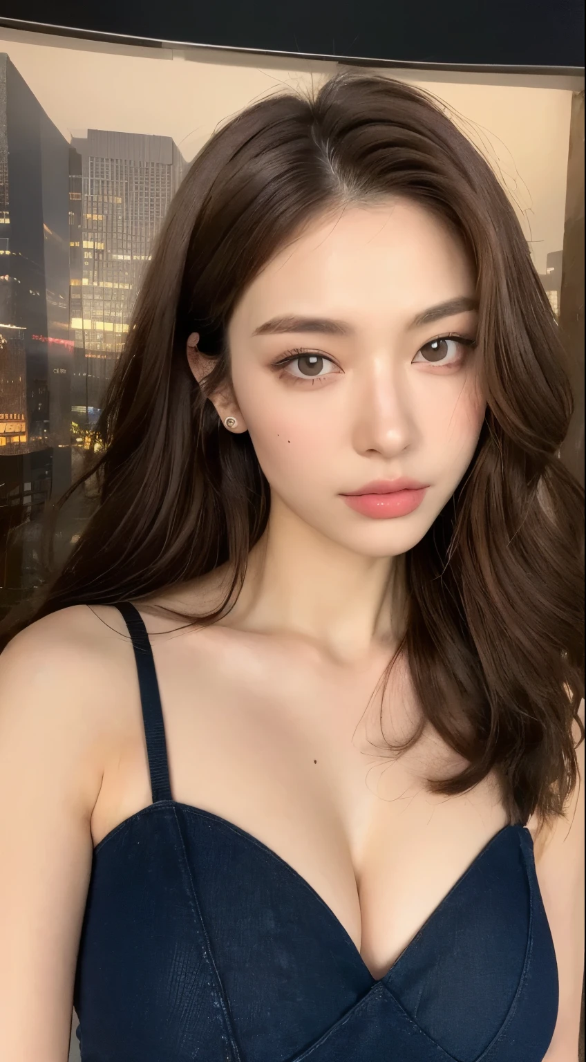 ((highest quality, 8K, masterpiece: 1.3)), sharp focus: 1.2, perfect body shape: 1.4, thin abs: 1.2, ((dark brown hair, huge breasts: 1.4)), dress, Jean: 1.1), city: 1.2, Highly detailed face and skin texture, fine eyes, double eyelid, 2 people