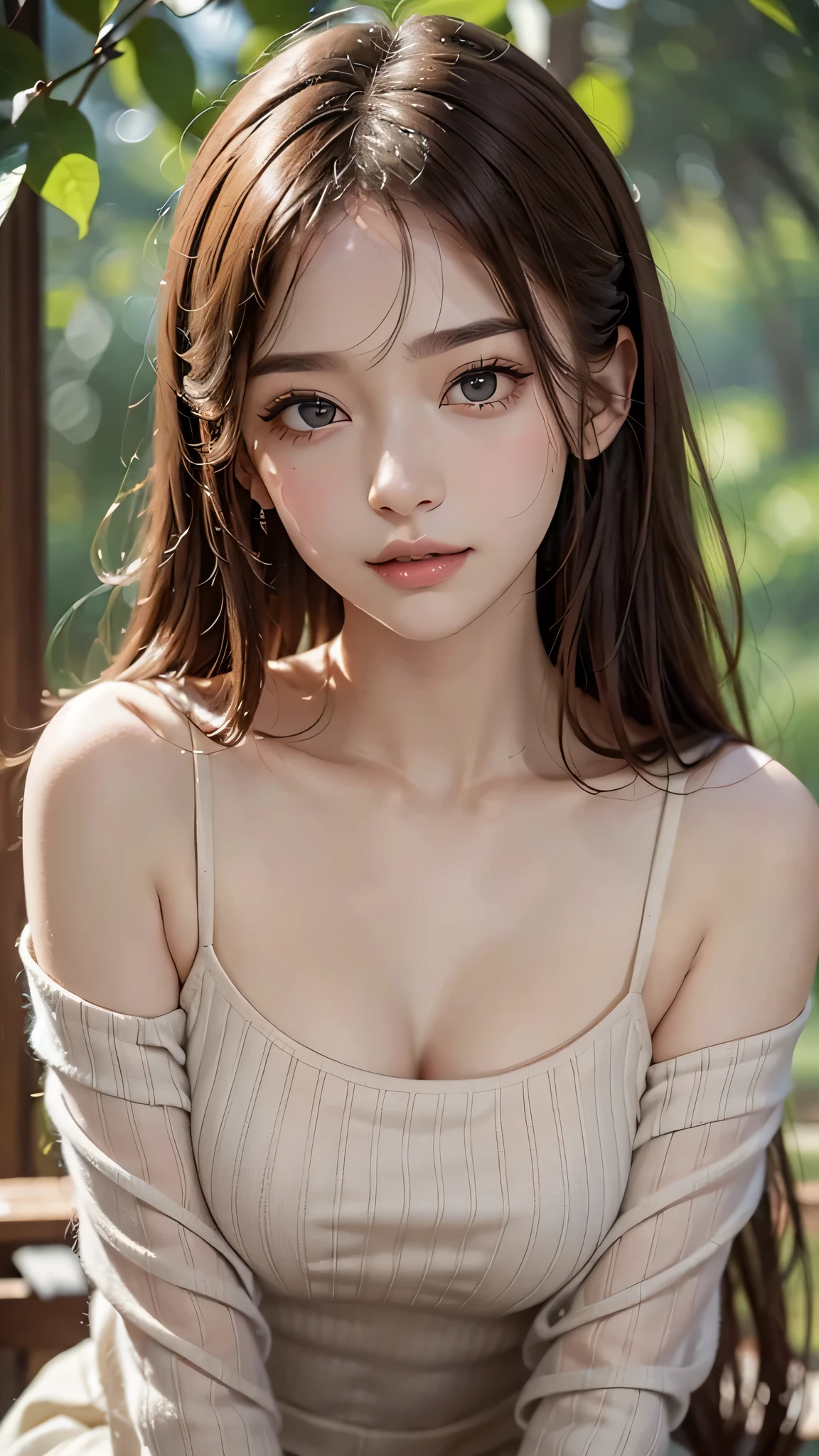 highest quality、Super detailed、finely、High resolution、8k wallpaper、perfect dynamic composition、highest quality、Super detailed、young and thin、genuineな外観、fine eyes and lips、10 generations、whole body、plump breasts、open your mouth a little、genuine、spread your legs、brown hair、1 person、sexy、hair blowing in the wind、long hair、Tank top、natural soft light、Wearing a gray dress、Pale pink rib knit bodycon sweater、off shoulder、