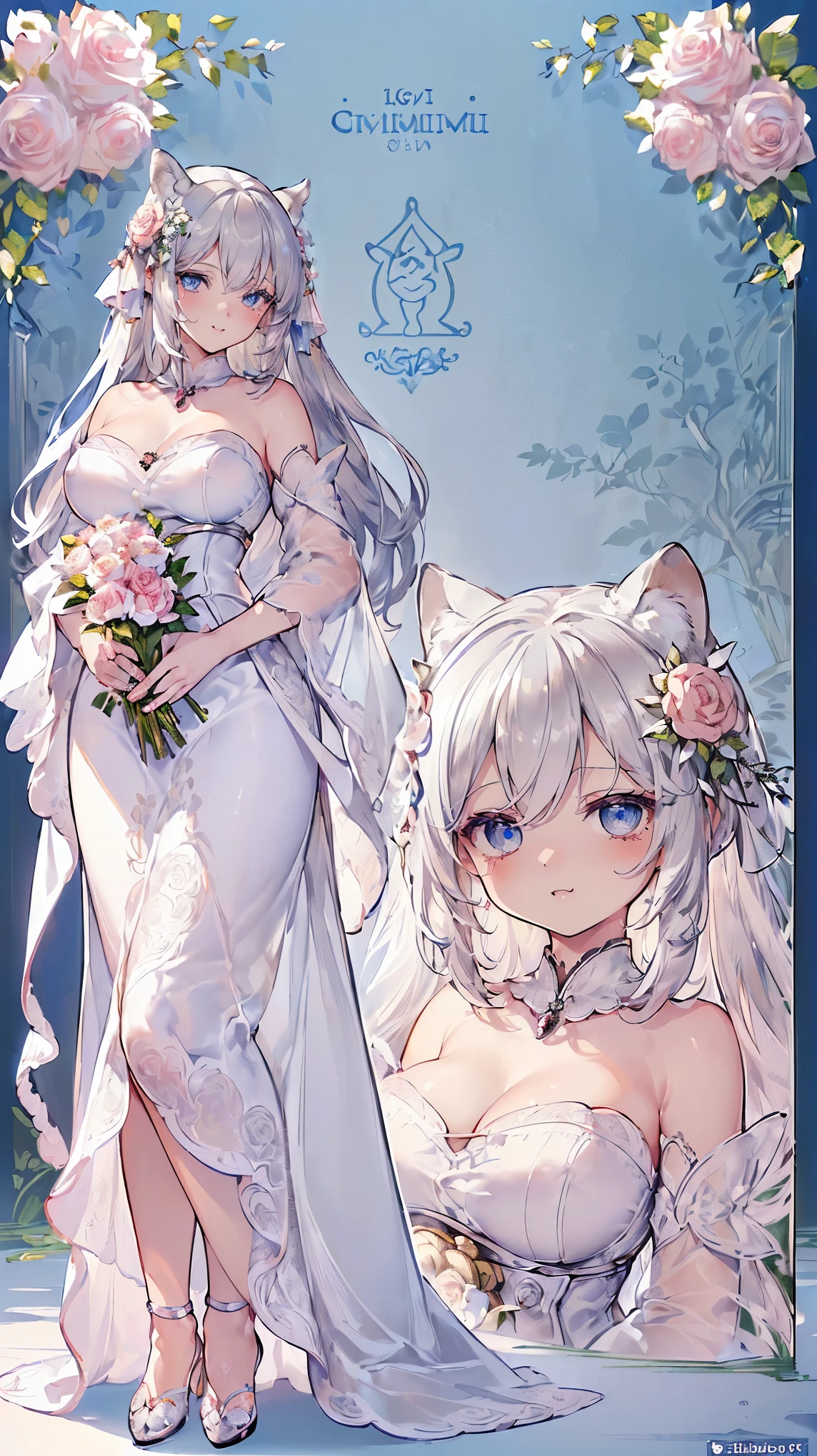 (((masterpiece))), (((highest quality))), ((ultra-detailed)), ((super fine illustration)), ((ultra-fine painting)), (16K highest quality wallpaper:1.4), (Chibi:2.0), (Full body:1.4), (Highly detailed and delicate illustration style,:1.8) detailed skin texture, detailed cloth texture, detailed rose flower texture, detailed wood texture, extreme detailed description, (T-masterpiece), (highly detailed face:1.4), original, RAW photo, professional, Intricate details, super details, Direct light:1.6, (Perfect anatomy:1.4), (highly detailed hands:1.2), (highly detailed fingers:1.2), (highly detailed fingertips:1.2), (22-years-old), real, (solo:1.6), (A very beautiful and attractive silver fox fashion model who is a messenger of God and a traditional sacred shrine maiden:1.4) BRAKE (Beautiful and adorable silver fox ears:1.6), (Highly detailed and delicate silver fox ears:1.4), (beautiful and well-shaped big breasts:1.2), (beautiful and well-shaped buttocks), (beautiful and shiny silver hair:1.6), (highly detailed and delicate silver hair:1.4), (beautiful clear blue eyes that shine with great detail:1.6), (highly detailed and delicate blue eyes:1.2), (highly detailed face:1.4), (smile:1.4), (looking at viewer:1.4), (standing:1.4), (Celebration:1.4) BRAKE ((A beautiful and gorgeous princess dress that is detailed and delicate to be worn at celebratory occasions:1.4)) BRAKE ((Holding in both hands a large bouquet of highly detailed and delicate ((white and pink roses)):1.3)) BRAKE (Just after noon:1.4), (Celebration:1.4), ((Highly detailed and delicate white rose flower and pink rose flower garden background:1.4)), (Highly detailed and delicate royal palace courtyard background in just after noon in spring:1.4) BRAKE
