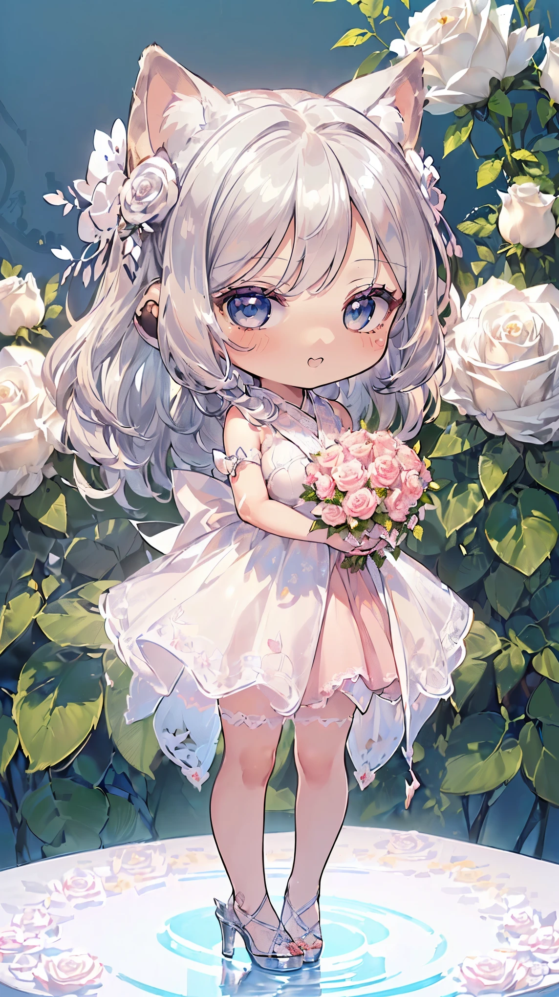 (((masterpiece))), (((highest quality))), ((ultra-detailed)), ((super fine illustration)), ((ultra-fine painting)), (16K highest quality wallpaper:1.4), (Chibi:2.0), (Full body:1.4), (Highly detailed and delicate illustration style,:1.8) detailed skin texture, detailed cloth texture, detailed rose flower texture, detailed wood texture, extreme detailed description, (T-masterpiece), (highly detailed face:1.4), original, RAW photo, professional, Intricate details, super details, Direct light:1.6, (Perfect anatomy:1.4), (highly detailed hands:1.2), (highly detailed fingers:1.2), (highly detailed fingertips:1.2), (22-years-old), real, (solo:1.6), (A very beautiful and attractive silver fox fashion model who is a messenger of God and a traditional sacred shrine maiden:1.4) BRAKE (Beautiful and adorable silver fox ears:1.6), (Highly detailed and delicate silver fox ears:1.4), (beautiful and well-shaped big breasts:1.2), (beautiful and well-shaped buttocks), (beautiful and shiny silver hair:1.6), (highly detailed and delicate silver hair:1.4), (beautiful clear blue eyes that shine with great detail:1.6), (highly detailed and delicate blue eyes:1.2), (highly detailed face:1.4), (smile:1.4), (looking at viewer:1.4), (standing:1.4), (Celebration:1.4) BRAKE ((A beautiful and gorgeous princess dress that is detailed and delicate to be worn at celebratory occasions:1.4)) BRAKE ((Holding in both hands a large bouquet of highly detailed and delicate ((white and pink roses)):1.3)) BRAKE (Just after noon:1.4), (Celebration:1.4), ((Highly detailed and delicate white rose flower and pink rose flower garden background:1.4)), (Highly detailed and delicate royal palace courtyard background in just after noon in spring:1.4) BRAKE