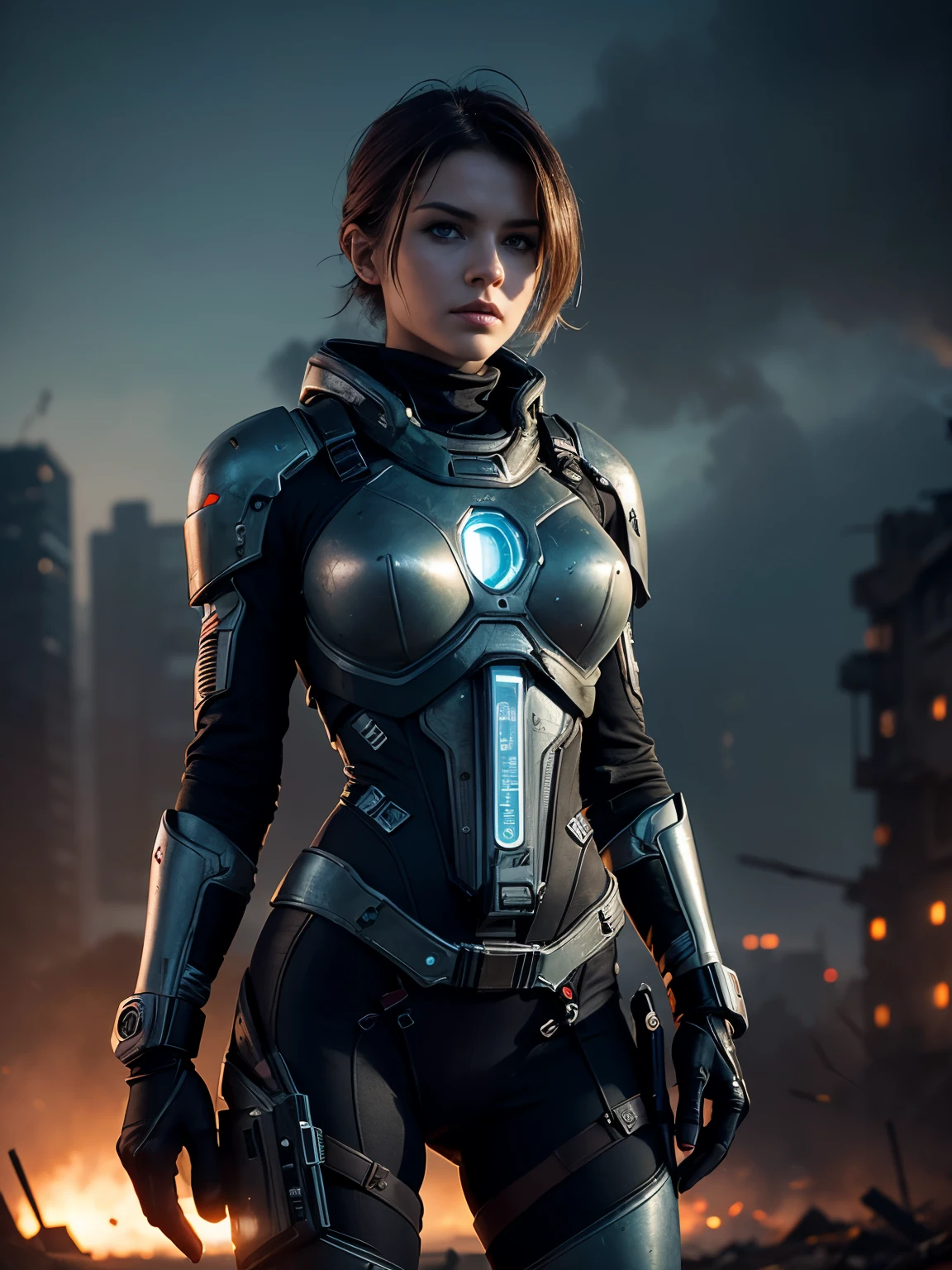 RAW photograph, portrait quality, an ultra hot gorgeous European woman, 23 years old , random hair color, wind blown hair, dusty face, clad in sheer iridescent transparent cyberpunk armor (vaultsuit with pipboy3000 on wrist), Against the backdrop of a desolate post-apocalypse, action pose, futuristic laser rifle in hand aiming forward and shooting, destroyed buildings, Carcasses of burnt futuristic war vehicles, tracer bullet flares on background, Oppressive atmosphere, Dark skies, photo realism, sharp-focus, fallout, science fiction, cinematic scene, backlight. Perfect anatomy, perfect hair, perfect breast, perfect body, perfect hands, perfect face, perfect eyes, accurate, anatomically correct, perfect clear and crisp focus, UHD, masterpiece,