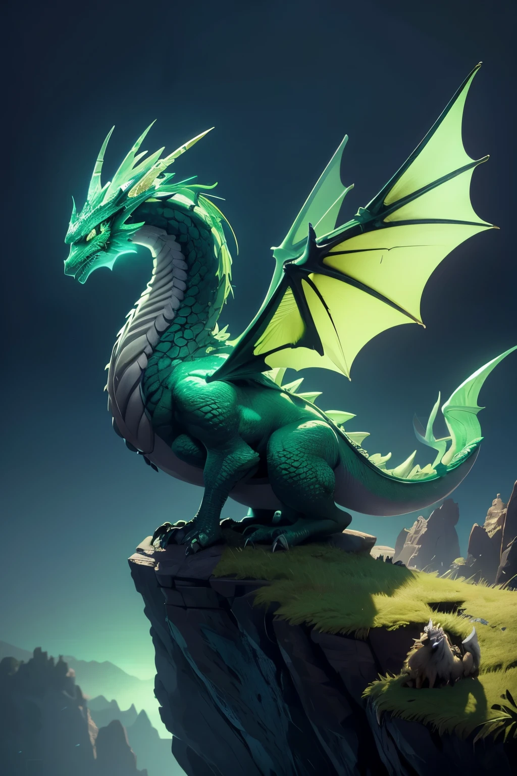Dragon with wings on top of a cliff, color verde, fuego, llamas, lanzando llamas en la boca (obra maestra), Mejor calidad, high resolution, 4k, 8k, detailed illustration, detalle intrincado, cinematic lighting, amazing quality, amazing shading, soft lighting