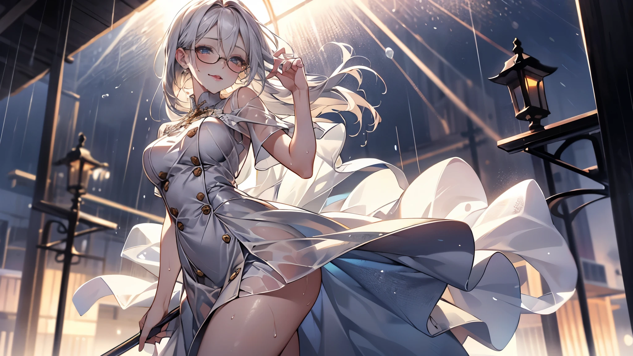 ((Best quality, 8K, Masterpiece: 1.3, 1girl, Beautiful girl)), cute, Dynamism, Detailed face, Detailed skin, detailed clothes, Detailed eyes, Detailed lips, Detailed tongue, Detailed fingers, Detailed mouth, Photorealistic, Raw photo, highres, Natural lighting, dynamic pose, perfect anatomy, toned legs, double eyelids, tear bags, round eyes, moist lips, sweaty, (she is wearing only white dress with white buttons), hair between eyes, white hair, bare legs, half closed eyes, steam:1.5, sheer, wet clothes, sheer wet, ecstatic face, shape of nipple, tongue out, drooling, outdoor, night, rainy wet, sheer wet, rain, walking, smile, white glasses