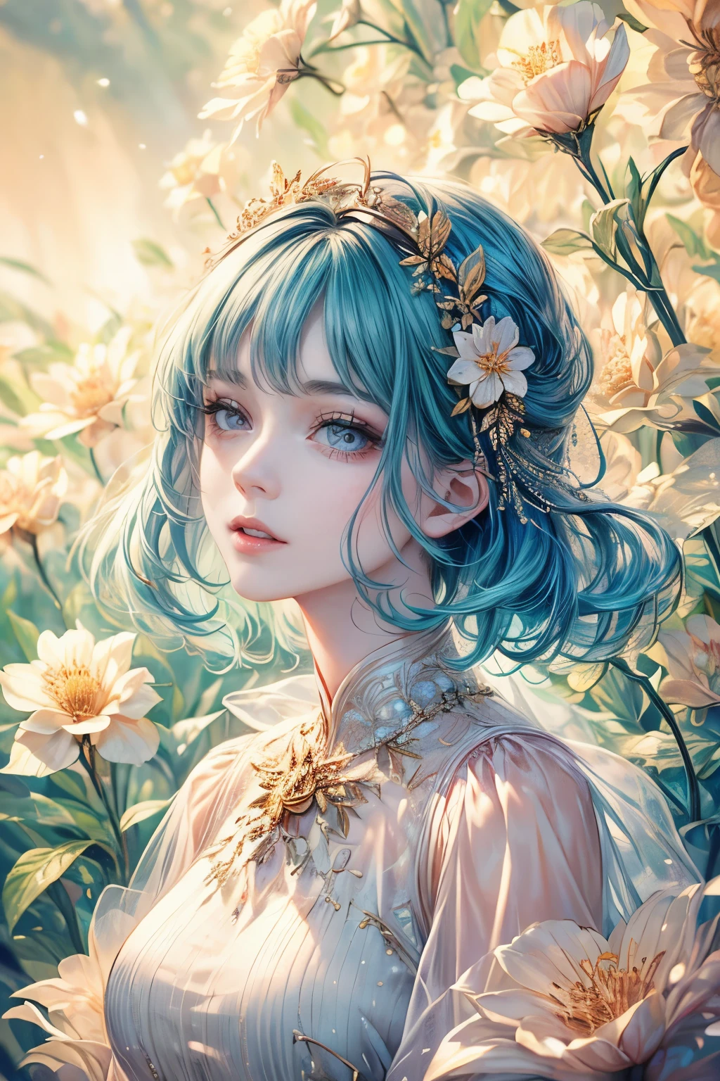 A woman with blue hair and a flower in her hair - SeaArt AI