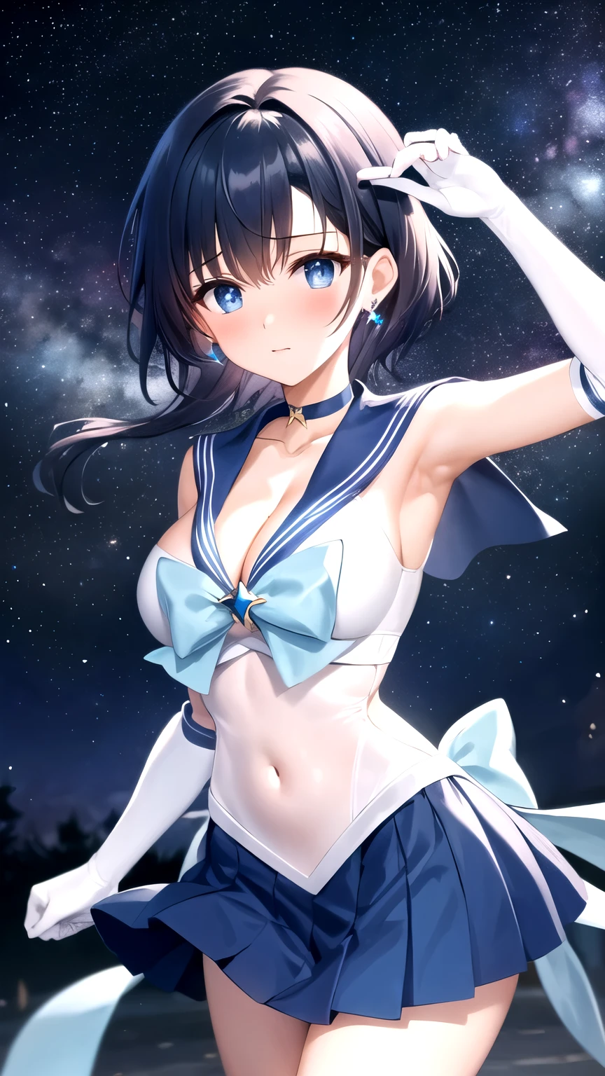 armpit, blue bow, Black sailor collar, blue skirt, blue theme, blush, boots, (((I can see the cleavage))), brooch, choker, covered navel, earrings, elbow gloves, gloves, jewelry, knee boots, looking at the viewer, Magical girl, , outdoor, sailor warrior uniform, skirt, , starry sky background, tiara, white gloves, 