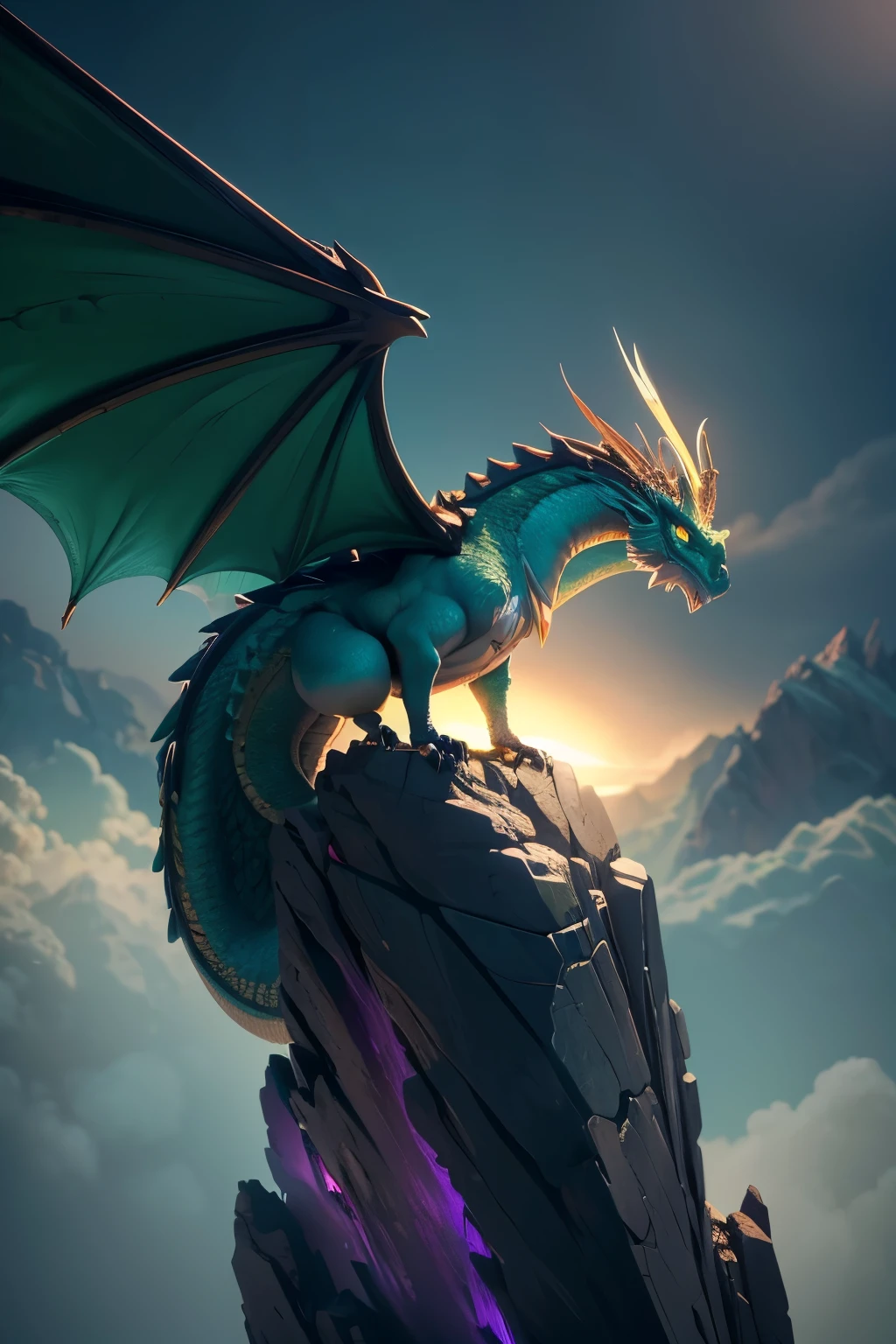 Dragon with wings on top of a cliff, color verde, fuego, llamas, lanzando llamas en la boca (obra maestra), Mejor calidad, high resolution, 4k, 8k, detailed illustration, detalle intrincado, cinematic lighting, amazing quality, amazing shading, soft lighting