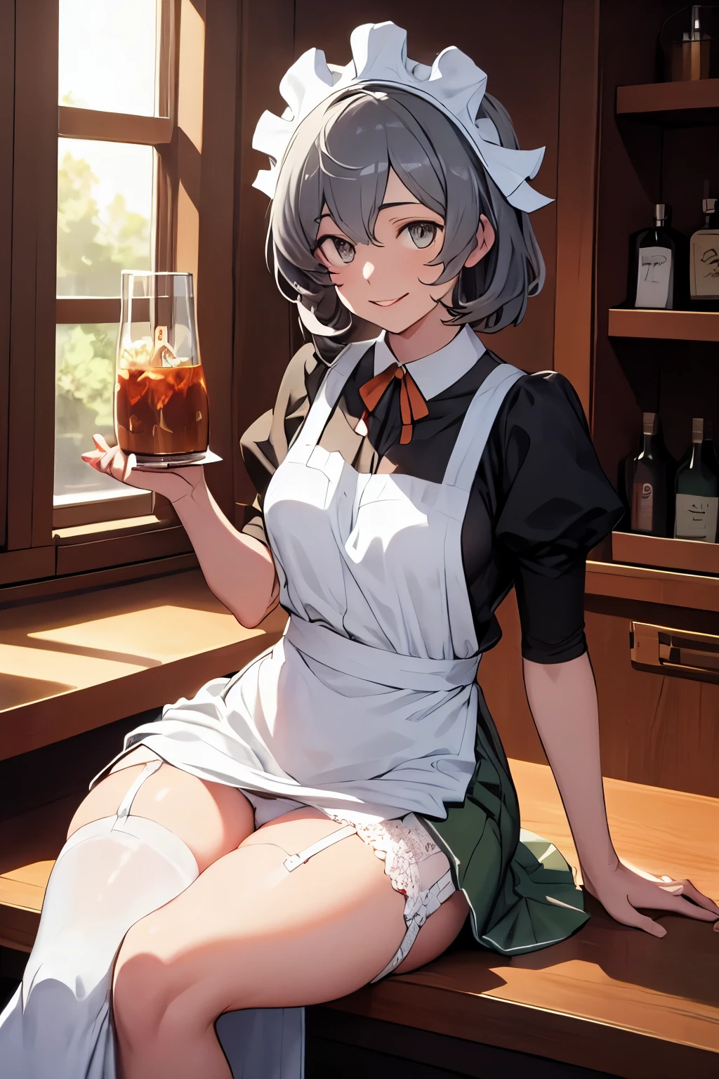 masterpiece,detailed face,detailed skin,detailed eyes,shiny skin,shiny lips,highest quality,.syr Flova, gray hair, syr,maid headdress, green long dress,(((long skirt ))),apron, smile, Happy, closed mouth, holding tray, bar, Shoulder bag,sitting,beautiful thighs,slender,white lace panties,white garter belt ,lift skirt,slim thighs,clothed,