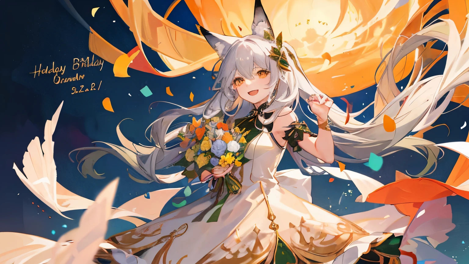 Masterpiece, top quality, artistic, artistic, very realistic, smiles often, smiles with open mouth, soft expression, delicate expression, silk, real human, has fox ears, beautiful and aesthetic: 1.9, very Detailed, colorful, best details, clean lines, delicate hair, delicate skin, realistic skin, adult women, light mix, playful patterns, realistic texture, lively texture, bewitching, delicate texture, rich colors, birthday celebration, giving a bouquet, a bouquet of roses, a Berlin dress, orange eyes, long hair, a variety of colors, unique visual effects