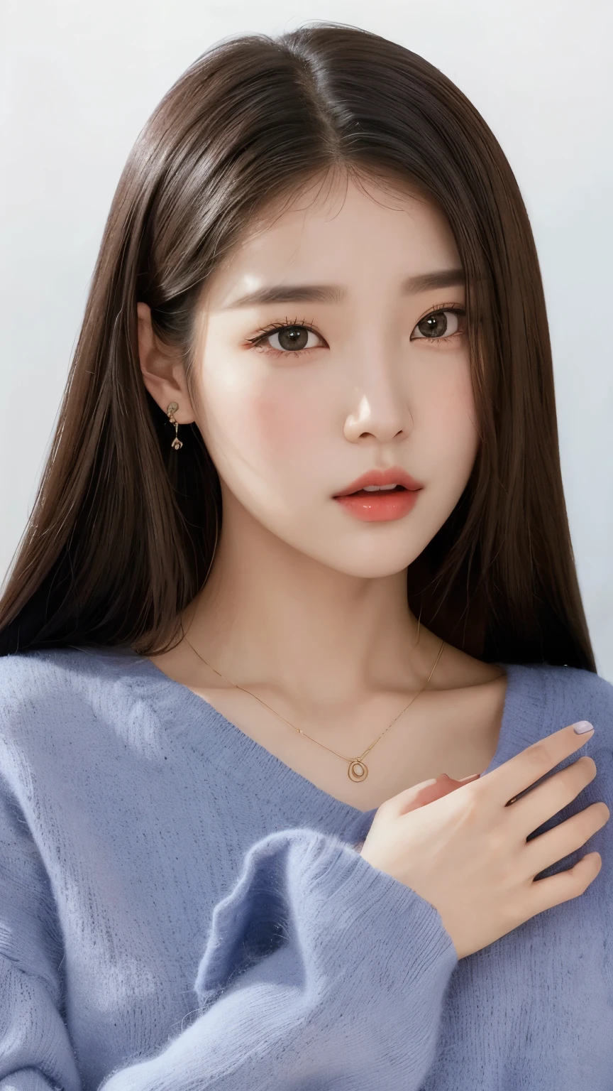 a woman with long hair wearing a blue sweater and earrings, linda actriz coreana, joven y adorable rostro coreano, Jaeyeon Nam, hermosa mujer surcoreana, hermosa joven coreana, hermosa joven coreana, Lee Ji-Eun, Lee Ji Eun, muchacha coreana, pale korean adorable face, heonhwa choe, jinyoung shin, maquillaje coreano popular