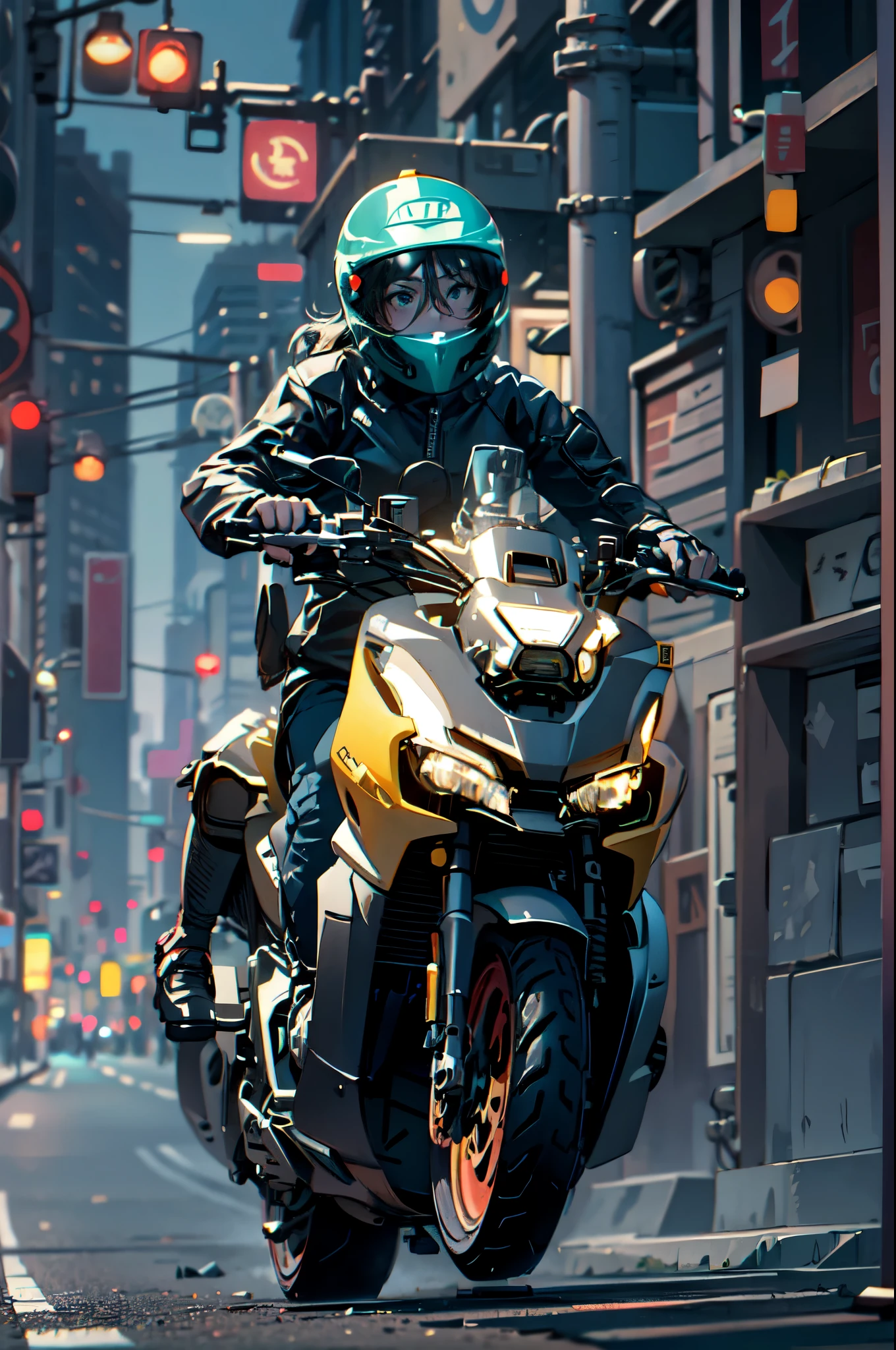 Helmet full face, araffe on a motorcycle with a helmet on and a woman sitting on the seat, wearing her helmet, without helmet, wearing a helmet, riding a motorcycle, wearing helmet, picture of a female biker, motorcycle, riding a futuristic motorcycle, motorbiker, biker, sitting on a motorcycle, sitting on cyberpunk motorbike, motorcycle helmet, riding a motorbike