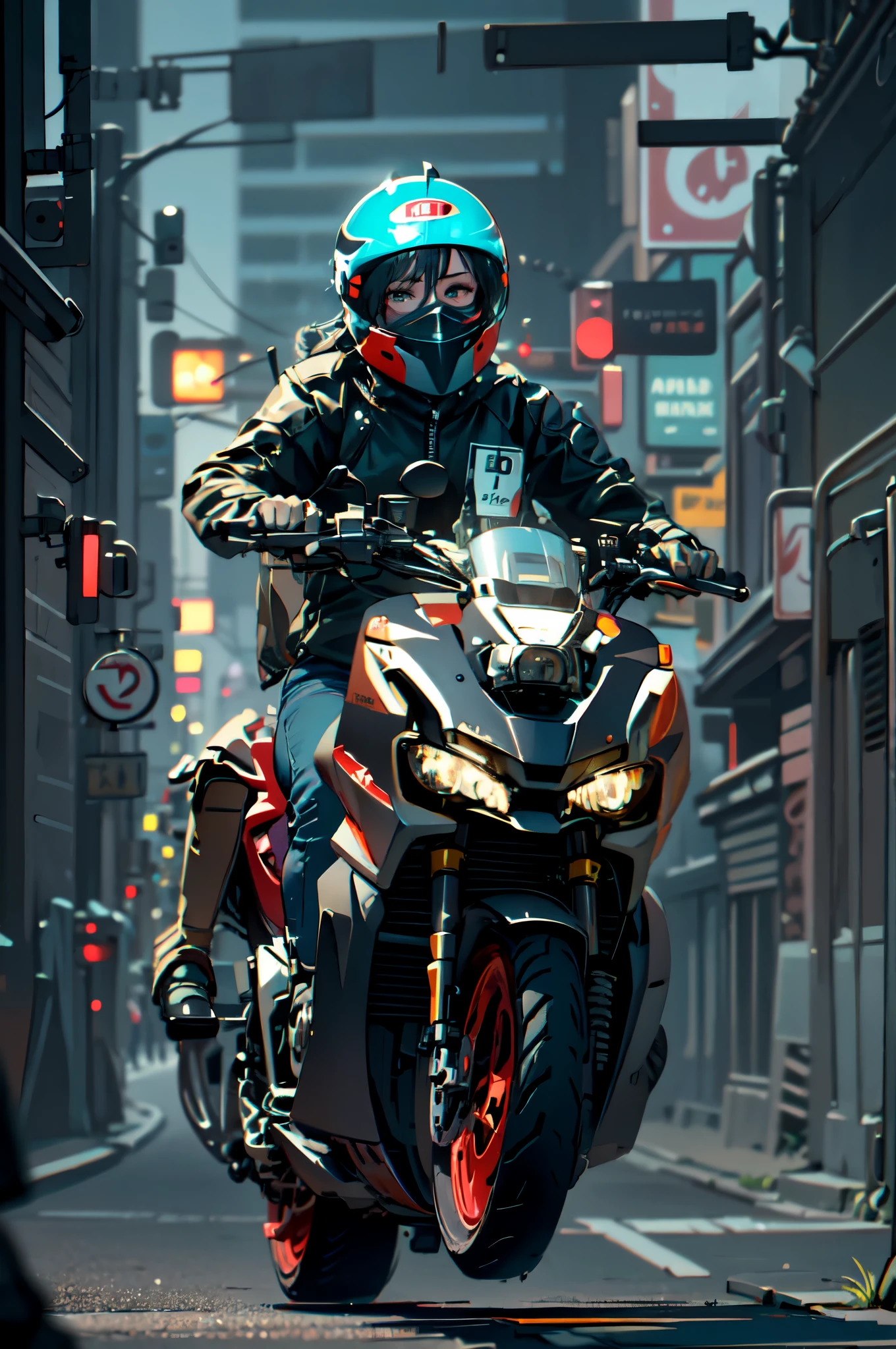 araffe on a motorcycle with a helmet on and a woman sitting on the seat, wearing her helmet, without helmet, wearing a helmet, riding a motorcycle, wearing helmet, picture of a female biker, motorcycle, riding a futuristic motorcycle, motorbiker, biker, sitting on a motorcycle, sitting on cyberpunk motorbike, motorcycle helmet, riding a motorbike