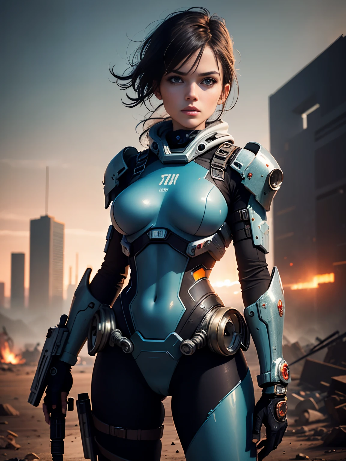 RAW photograph, portrait quality, an ultra hot gorgeous European woman, 23 years old , random hair color, wind blown hair, dusty face, clad in sheer iridescent transparent cyberpunk armor (vaultsuit with pipboy3000 on wrist), Against the backdrop of a desolate post-apocalypse, action pose, futuristic laser rifle in hand aiming forward and shooting, destroyed buildings, Carcasses of burnt futuristic war vehicles, tracer bullet flares on background, Oppressive atmosphere, Dark skies, photo realism, sharp-focus, fallout, science fiction, cinematic scene, backlight. Perfect anatomy, perfect hair, perfect breast, perfect body, perfect hands, perfect face, perfect eyes, accurate, anatomically correct, perfect clear and crisp focus, UHD, masterpiece,