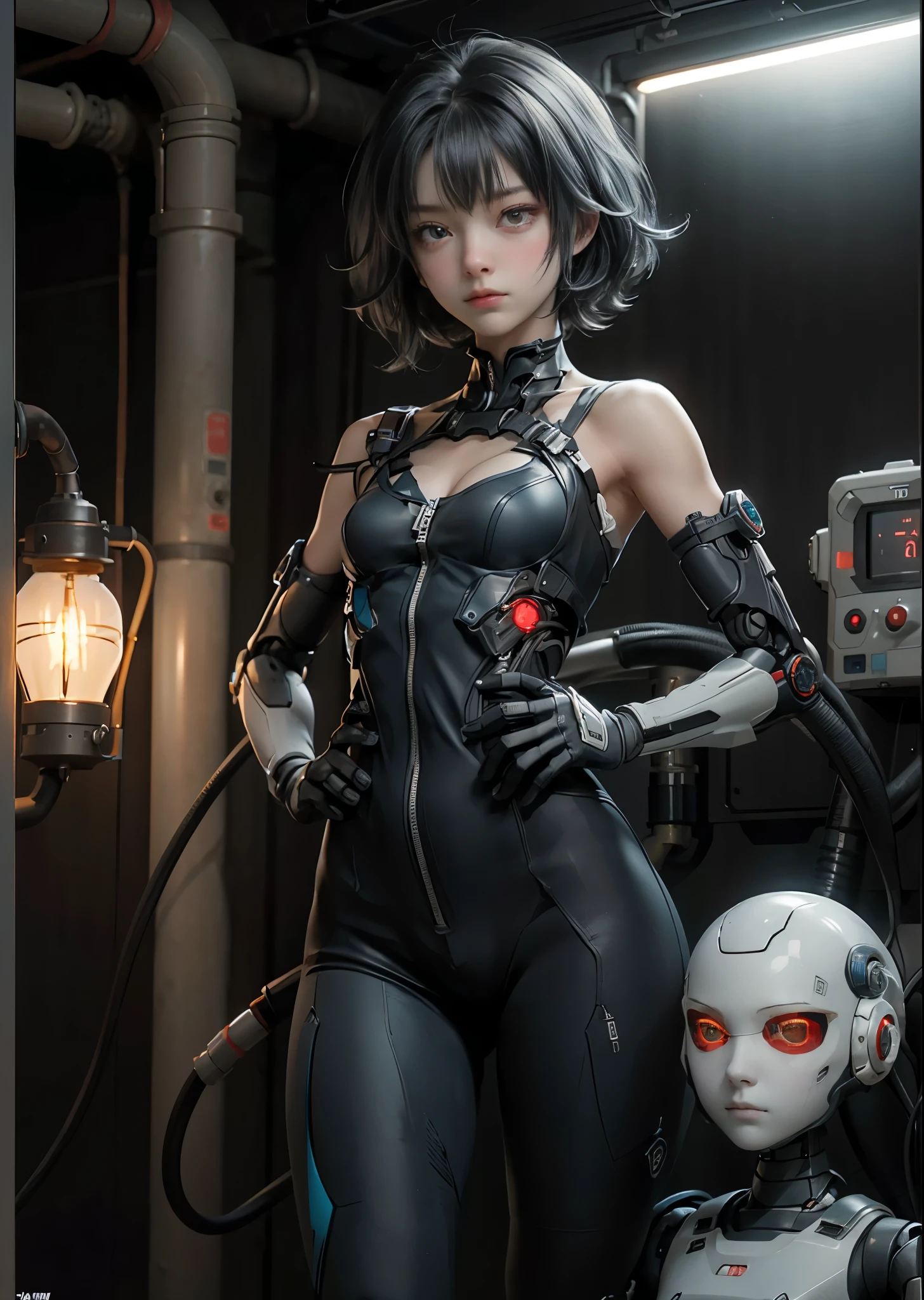 A boy with a powerful robot body、(1 boy)、Spread your legs shoulder-width apart and place your hands on your hips.、、Blue titanium alloy and black carbon fiber skeleton、(silver gold short hair:1.5)、Body composed of a small control motor, cylinder and pipe、A smooth thoracic cable and tube connects the body to the control panel。、movie lighting、Many pilot lights are lit、(The entire area is occupied by a control panel:1.3)、