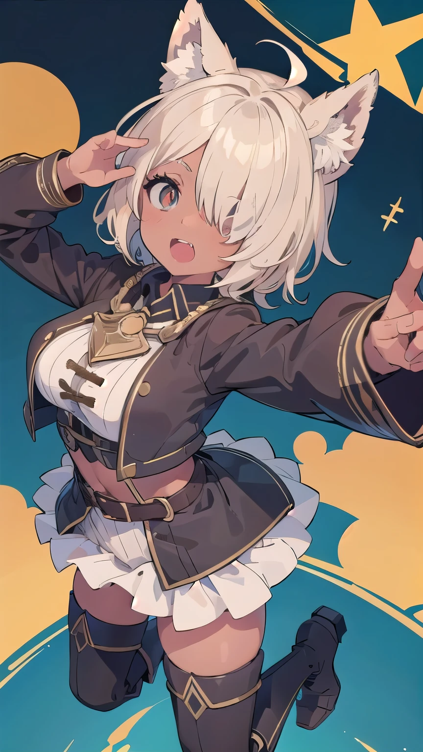 (masterpiece:1.2), (highest quality:1.2), perfect eyes, perfect face, perfect lighting, middle ages, sandy beach, 1 boy,blonde　red eye, ((((((hair over one eye)))))), Braid Styles, spiked hair, blunt bangs, bob hair, a braid, Ahoge, cute eyes, medium breast, glaring, open mouth, ((from above)), ((front)), ((from below)), arms behind back, orgasm, scared, , (abs), ahegao, smile+happy, fang, (((brown skin))),  Thighhighs, greaves, boots, big breasts, dynamic pose
