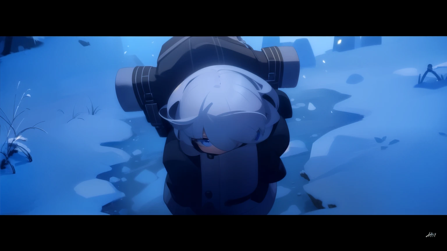 A small girl with white hair and blue eyes, face down, wearing black winter clothes, carried a backpack, standing in a snowy field under the moonlight.
