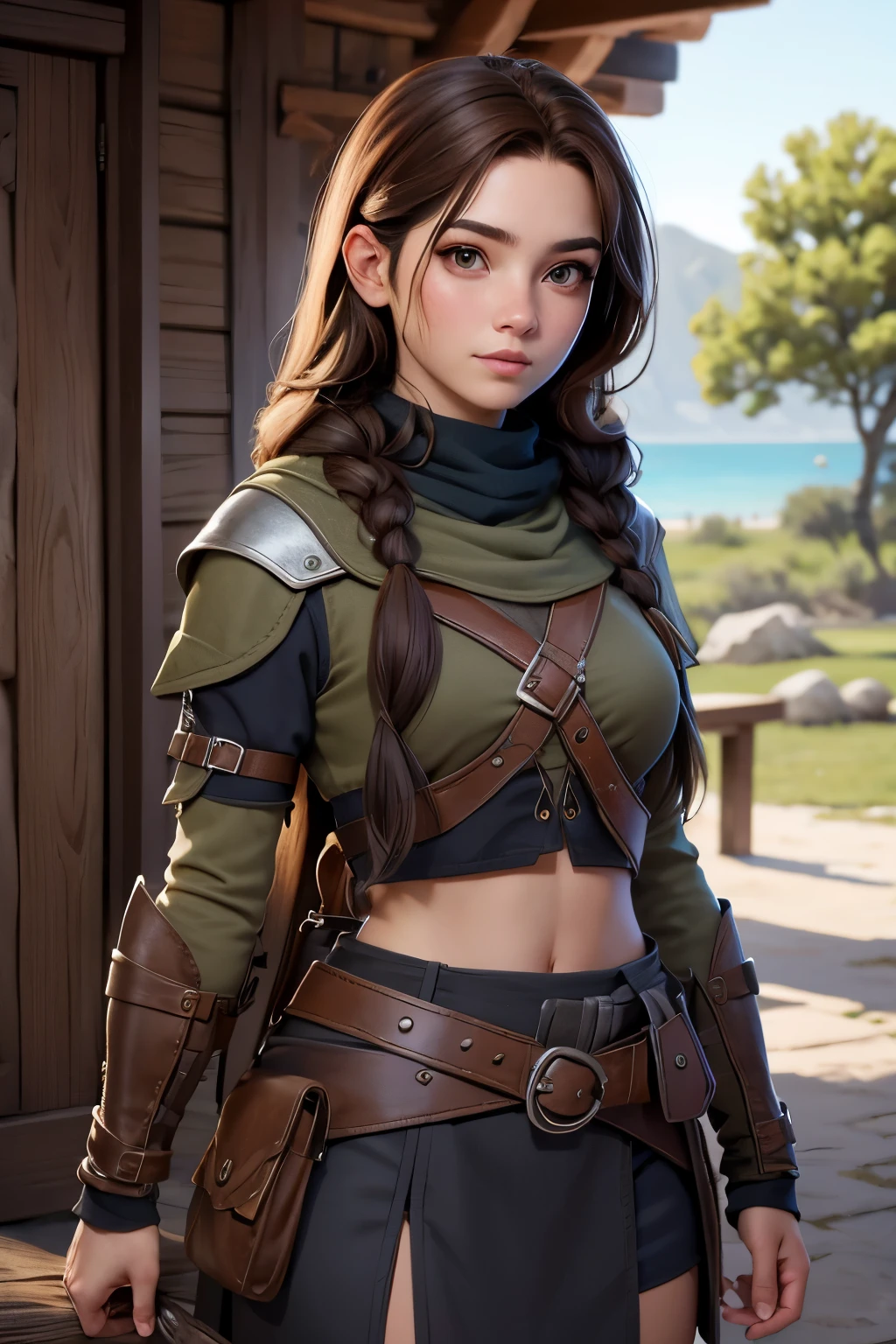(Obra maestra, La mejor calidad) young 18 year old woman, Cabello largo, ojos azules, cabello rubio, brown hair, tenencia, boca cerrada, Parte superior del cuerpo, arma, trenza, al aire libre, tenencia arma, armadura vikinga, Profundidad de campo, realista.