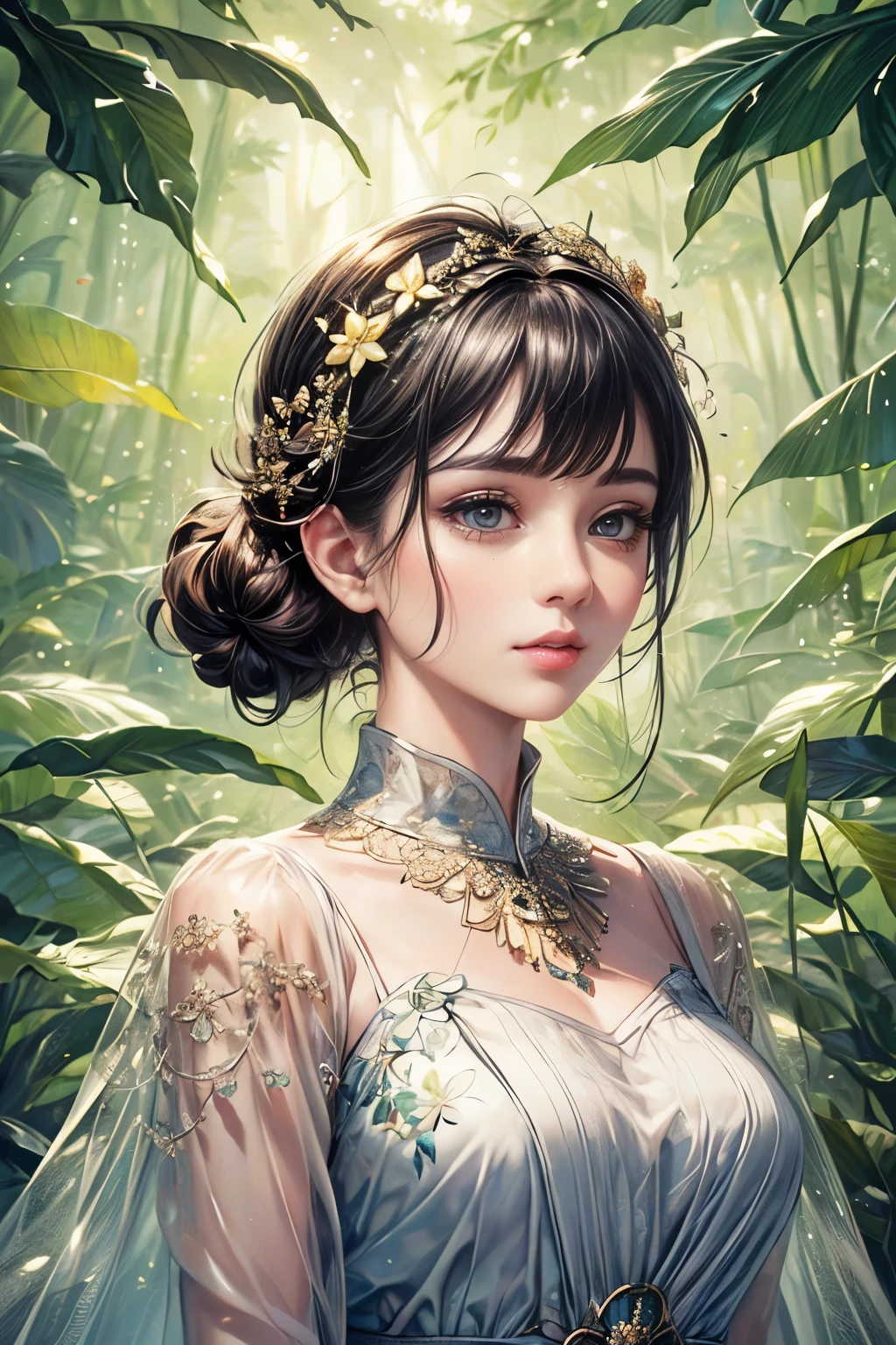 (high quality, 8K, CG, Upper body details,  girl, Floral Dress, forest background, detailed facial features, Elegant black hair, Almond-like eyes, Detailed eye makeup, long eyelashes fluttering, blinking big eyes, twinkling stars, Intricate lip details, The style is soft)