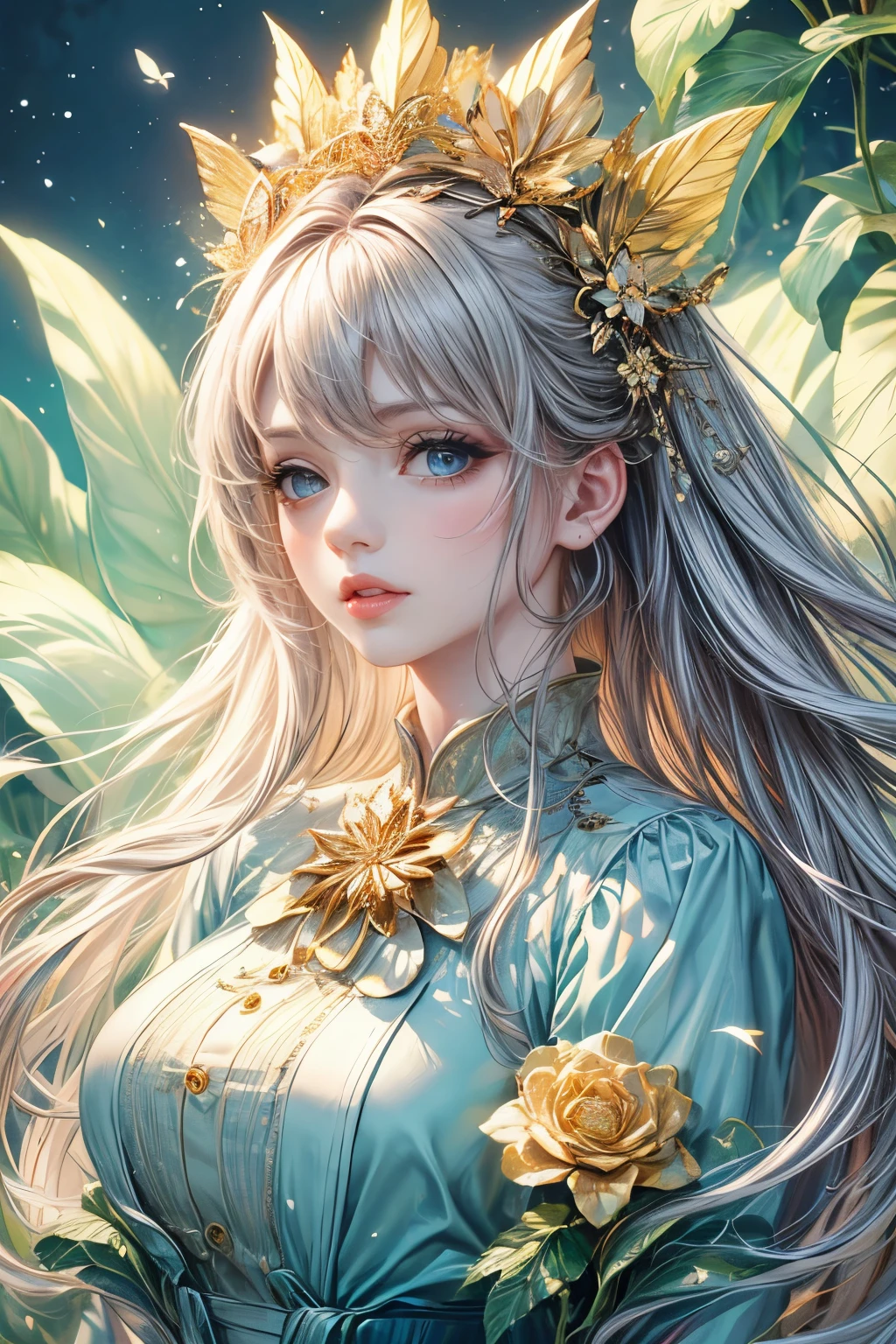 (best quality,8K,CG),detail upper body,lonesome girl,floral dress,forest background,detailed facial features,elegant long hair,almond-shaped eyes,detailed eye makeup,long fluttering eyelashes,blinking big eyes,twinkling stars,complex lip details,soft style