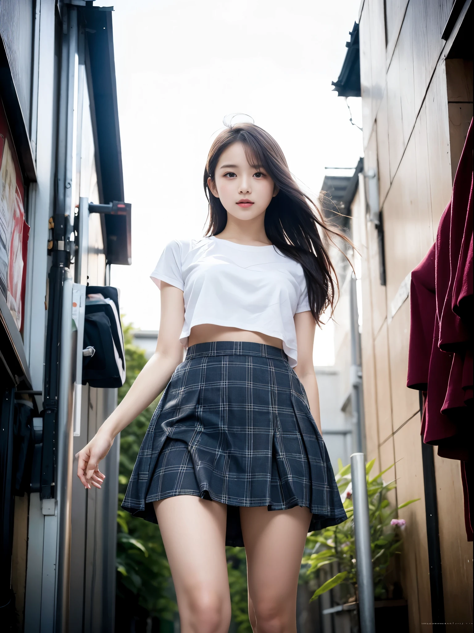 Ulchan-6500-v1.1, (Raw photo:1.2), (Photoreal), (See-through:1.3), (genuine: 1.4), Highly detailed cute girl、NSFW, High School Girl Japan Teenage Girl、((taken from below:1.3))、please wear small panties、、(skirt lift:1.4)、(bottomless)、blush、split lips、looking at the viewer、half body photo、(a large crowd gathers)、(Crowded alleys)、hair above one eye、 beautiful supermodel、pubic hair、