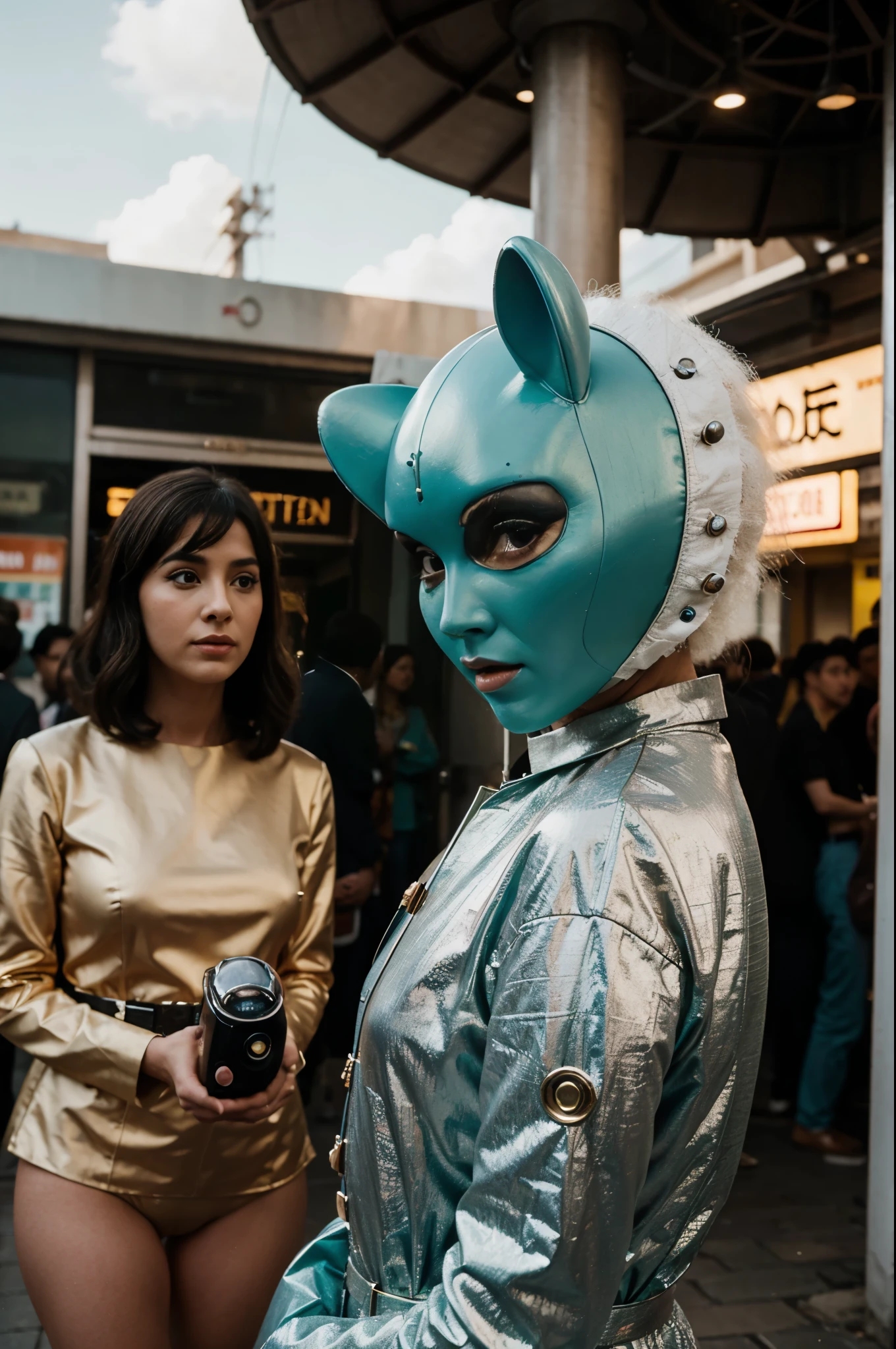 8k portrait of a 1960s science fiction film by Wes Anderson, em 1960, pastels colors, There are people wearing weird futuristic masks and wearing extravagant retro fashion outfits and men and women wearing alien makeup and old ornaments with mechanical pets in town, Luz Natural, Psicodelia, futurista estranho, fotorrealista, hiper detalhado, sharp focus, Intrinsic, Fuji filmes 55mm, full body view, side view