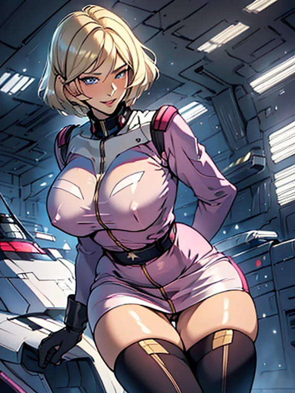 ((a 25yo girl), Sayla Mass, elegant), bending waist,whole body、see the beholder, young woman,bright smile、shy、blush、expression of ecstasy、erotic、charming、Charm、bob short、bangs、shiny blonde hair、blue eyes、long, well-shaped eyelashes、perfect eyes、Slender eyes、glossy pale pink lips、(Plump slender body of a young woman、plump body:1.3、shiny skin、Beautiful big breasts:1.1、thin waist、Beautiful butt、Thick thighs、beautiful long legs)、perfect arms、perfect hands、perfect fingers、perfect body shape、perfect anatomy、(Army pink uniform dress with short super uper miniskirt You can see the pants in the miniskirt), cameltoe, lilac lace shorts、Bright red long boots), steam、steam、sexy genital pose gesture、cheeky pose、(putting fingertips on lips),(with sparkling eyes and a contagious smile),nsfw, From Above、cowboy shot, no gravity, figure, Bright colors, Practical Light, (background is blurred:0.8)、highest quality, disorganized, good quality、Realistic, ultra high resolution, masterpiece、HDR、UHD、8k