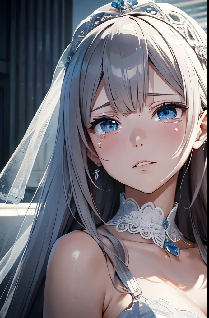 (masutepiece: 1.3), (max resolution: 1.2), (Ultra HDTV: 1.2), cinematric light, 8K resolution, Detailed facial features, expressive eyes, (Large tears: 1.3), (Upper body portrait: 1.2), Heart-wrenching scene, Beautiful bride, Accurate emotion, Anatomically correct, Highly detailed face texture, Tear-streaked cheeks, Groom standing nearby, Glossy wedding veil, Elegant wedding dress, White flowers in hair.