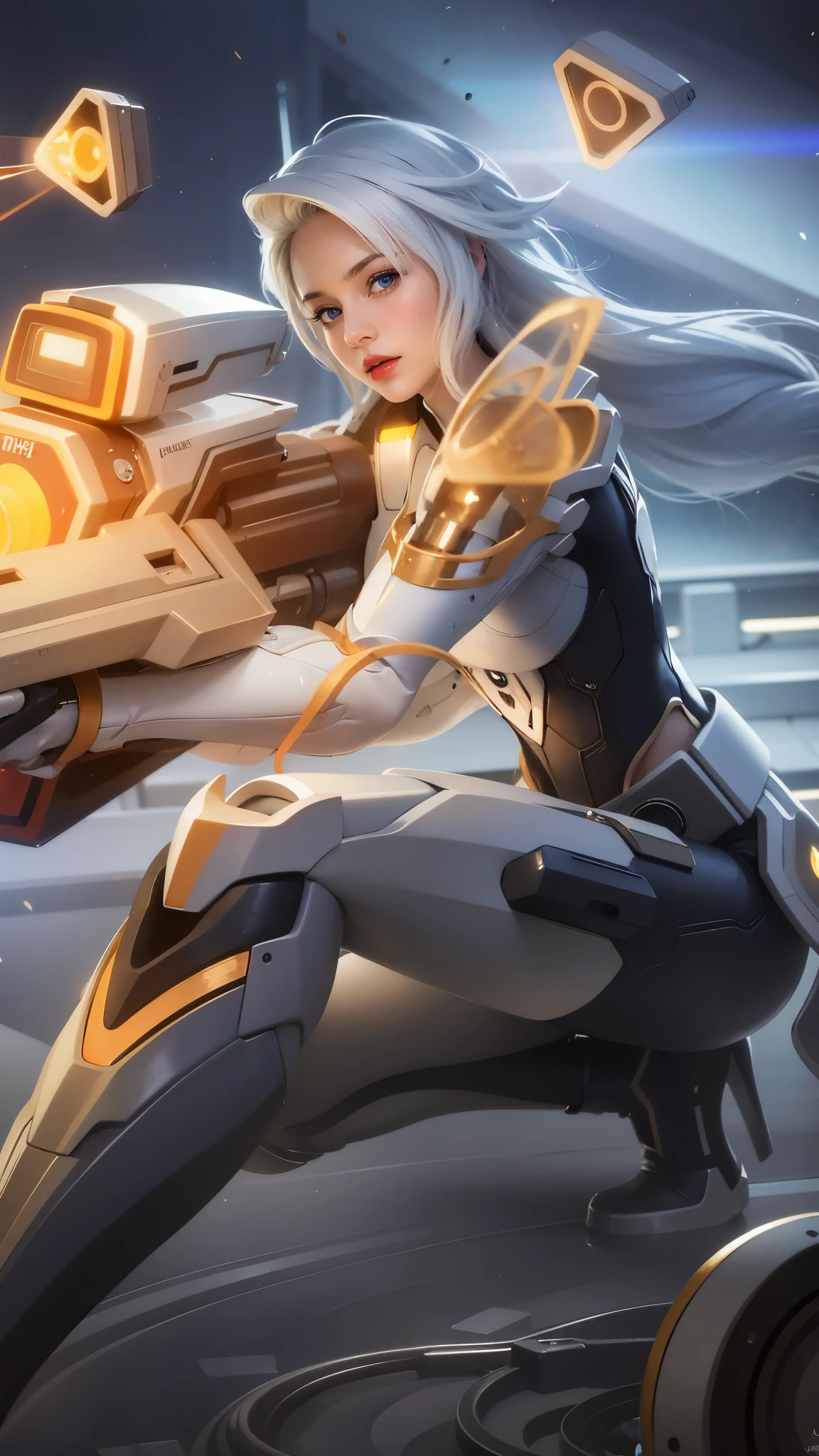 a close up of a woman with a gun in her hand, white long hair, red lips glossy, 8k, ultra hd, ultra detailed texture, hyper realistic, masterpiece, detailed texture, detailed face, detailed skin, detailed lighting, (photorealistic:1.5), best quality, beautiful lighting, cinematic lighting, professional lighting, ultra highres, realistic, detailed hair, real hair, high quality, (realskin:1.5), extremely detailed, finely detail, ultra-detailed, blue eyes.