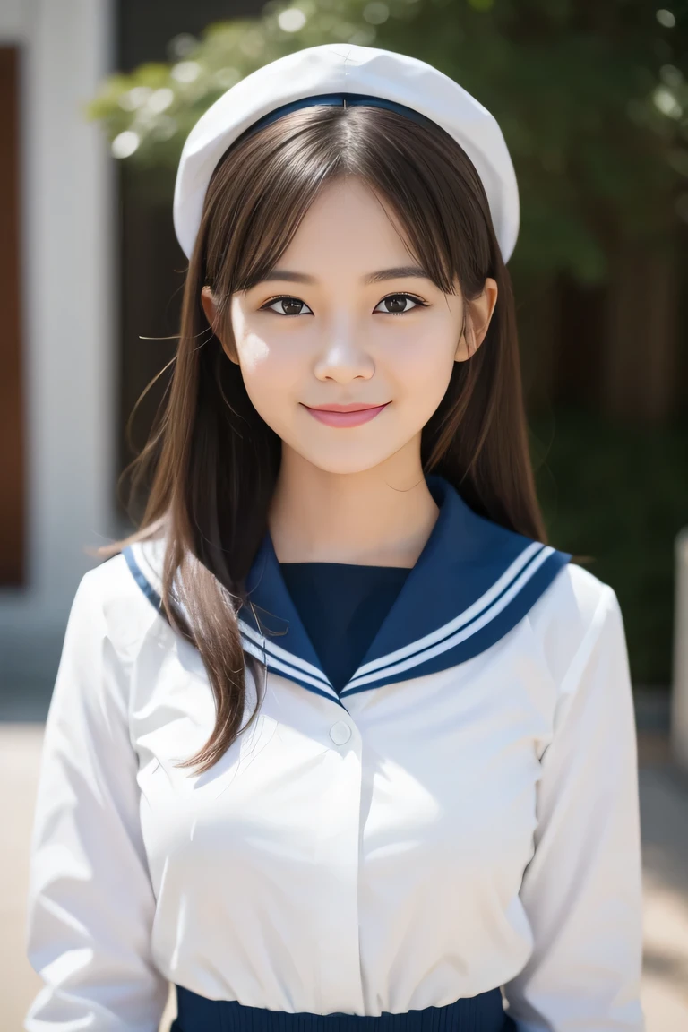 embarrassed , 1girl, cute, , smiling, look at viewer, sailor uniform, seifuku, photo, realistic, best quality, hires, detailed face, classroom, detailed background, diffused lighting, depth of field, bokeh, , portrait, , ( masterpiece), accurate, anatomically correct, f/1.8, 90mm, Fujifilm GFX 50R, raw photo, regina display, super detail, high details, high quality, best quality, highres, UHD, 1080p HD, 4K, 8K