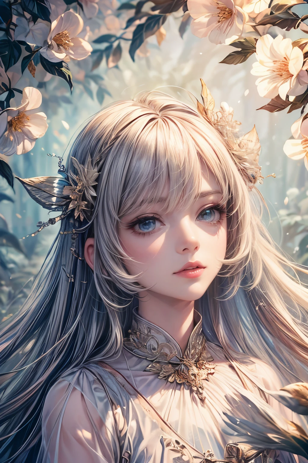 (best quality,8K,CG),detail upper body,lonesome girl,floral dress,forest background,detailed facial features,elegant long hair,almond-shaped eyes,detailed eye makeup,long fluttering eyelashes,blinking big eyes,twinkling stars,complex lip details,soft style