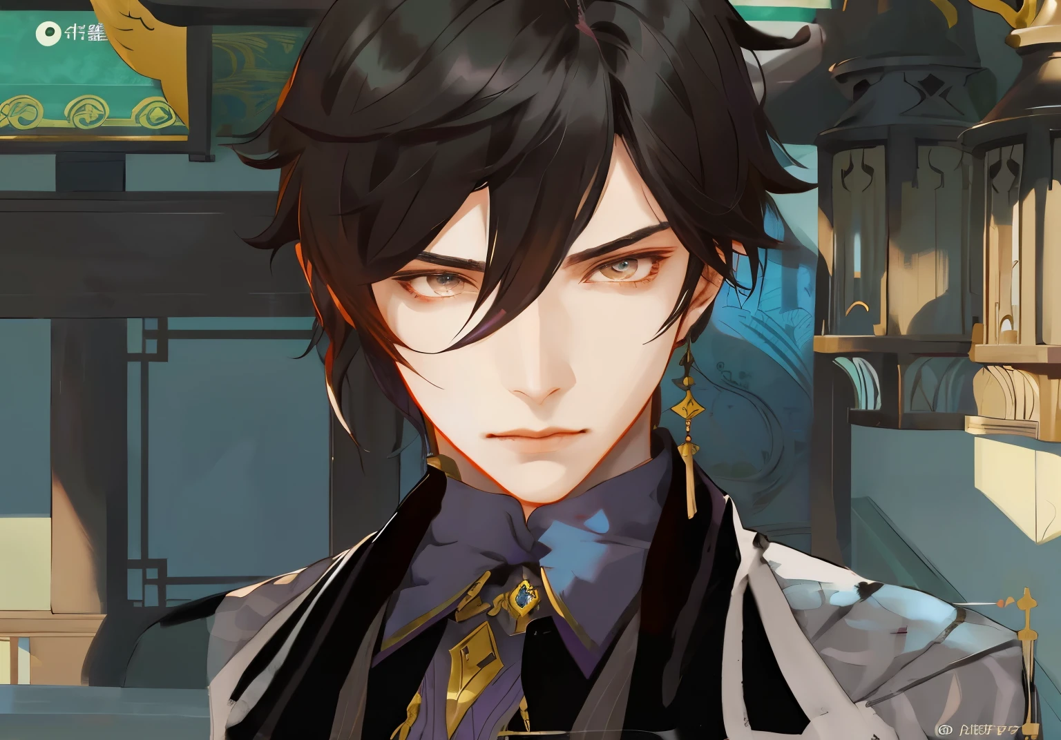 1man with chiseled face, defiant handsome man, black short hair, close up of a person, Punishing Gray Raven, Final Fantasy, FF7, handsome man, androgynous prince, delicate androgynous prince, handsome prince, zhongli from genshin impact, heise jinyao, casimir art, genshin, loong, royal elegant pose, taisho roman, granblue fantasy